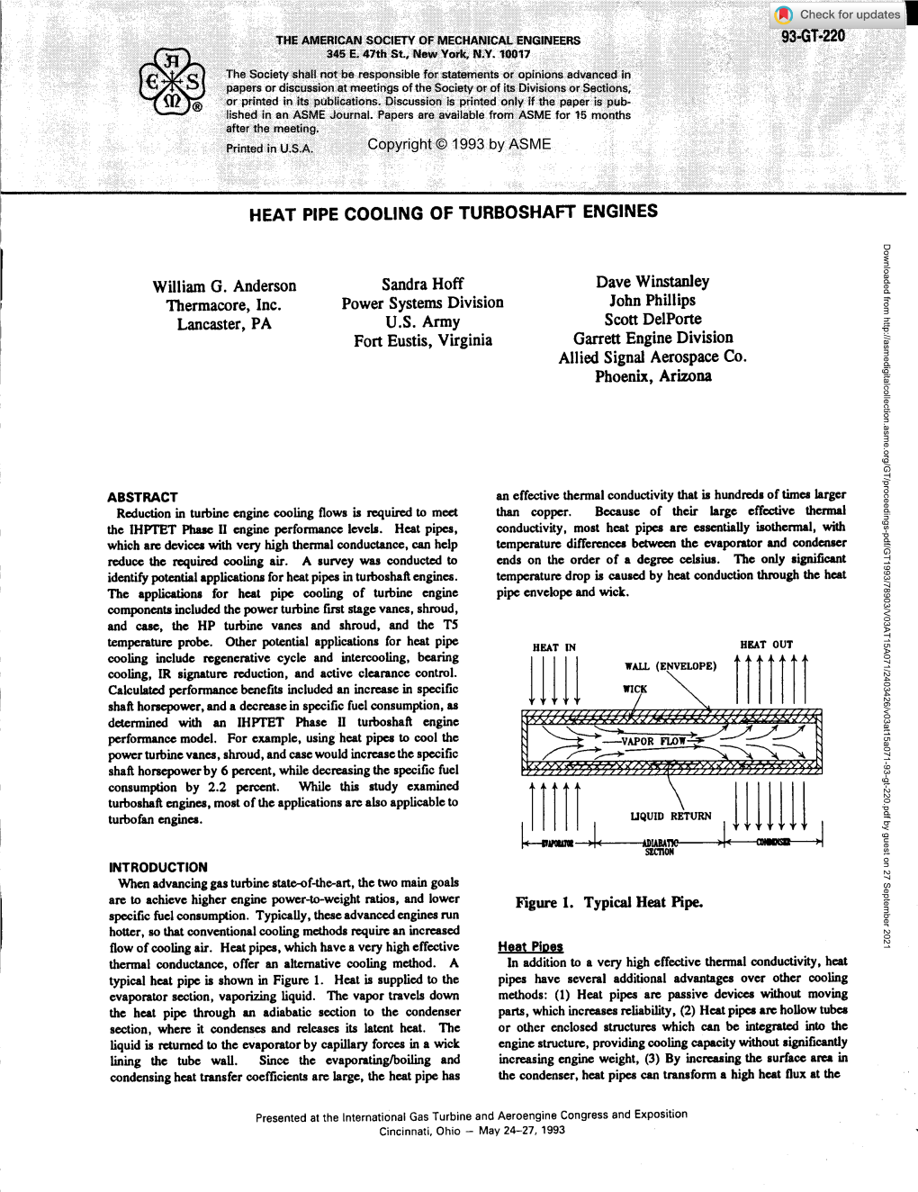 HEAT PIPE COOLING of TURBOSHAFT ENGINES William G