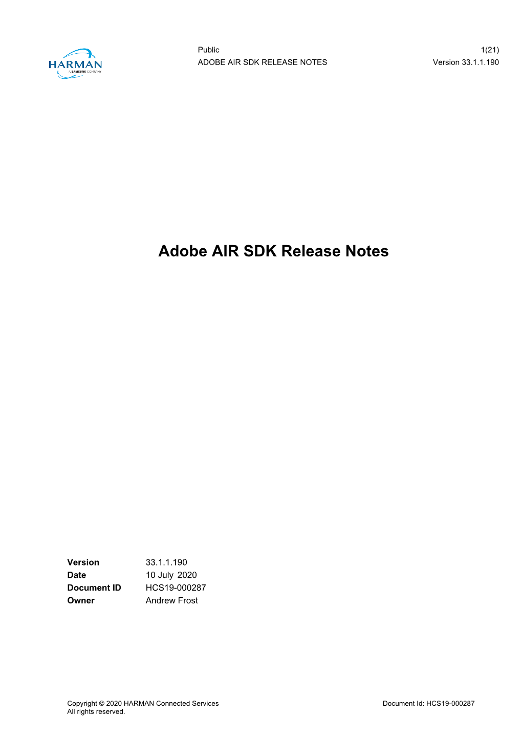 ADOBE AIR SDK RELEASE NOTES Version 33.1.1.190