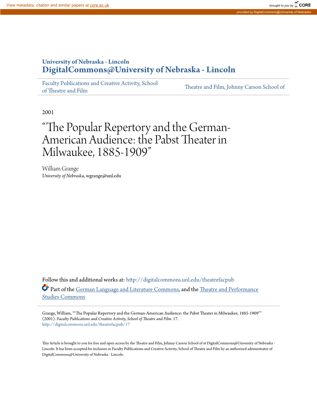 Â•Œthe Popular Repertory and the German-American Audience: The