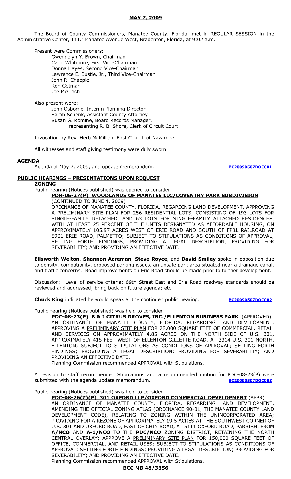 BCC MB 48/3356 MAY 7, 2009 the Board of County Commissioners