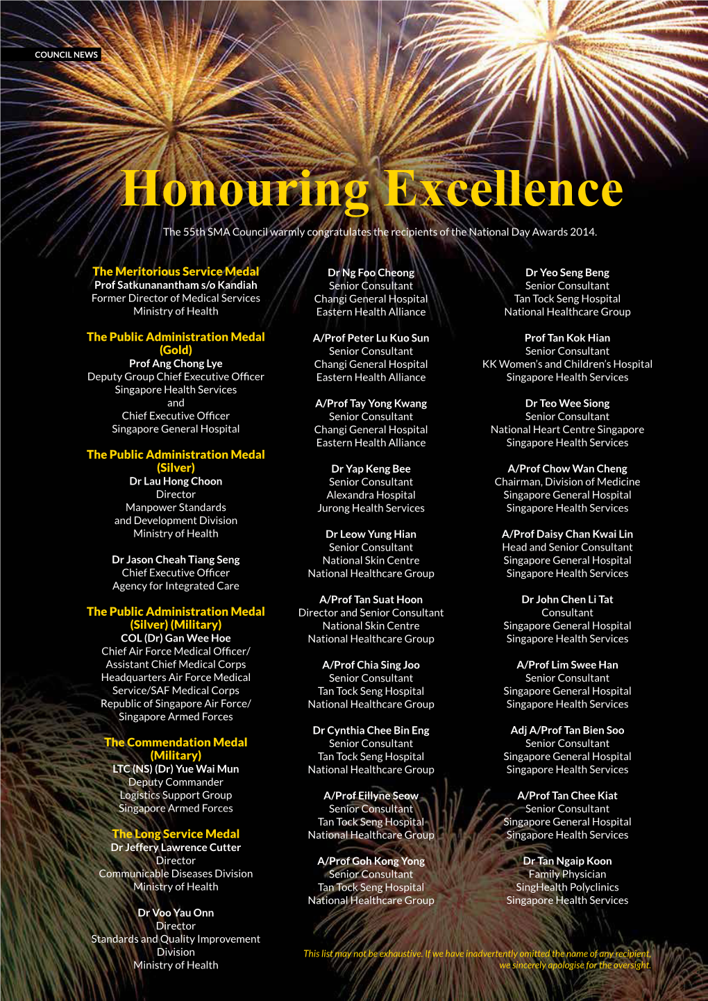 Honouring Excellence the 55Th SMA Council Warmly Congratulates the Recipients of the National Day Awards 2014