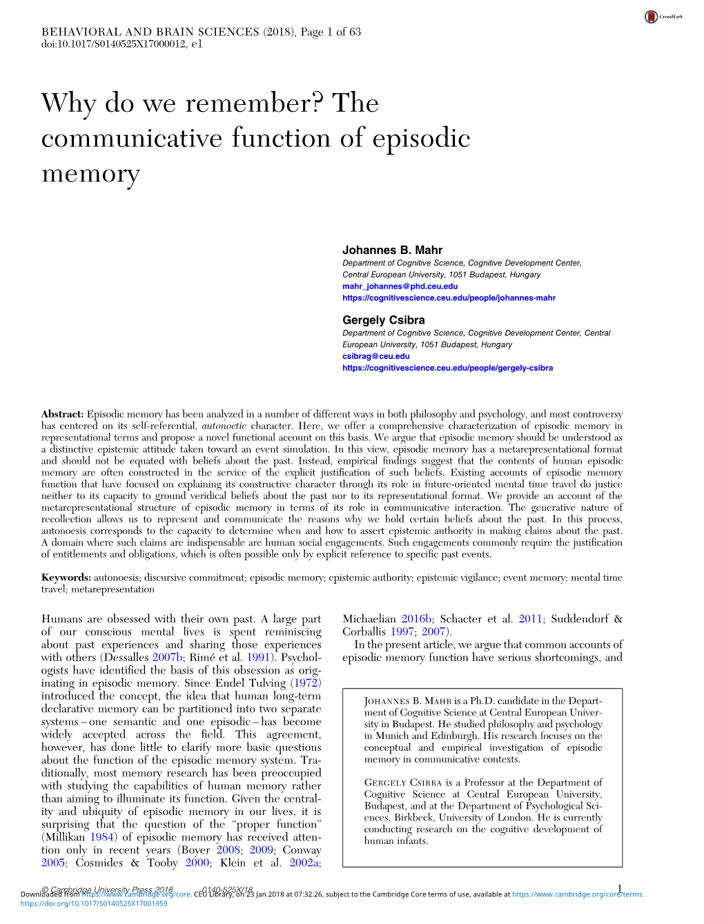 Why Do We Remember? the Communicative Function of Episodic Memory