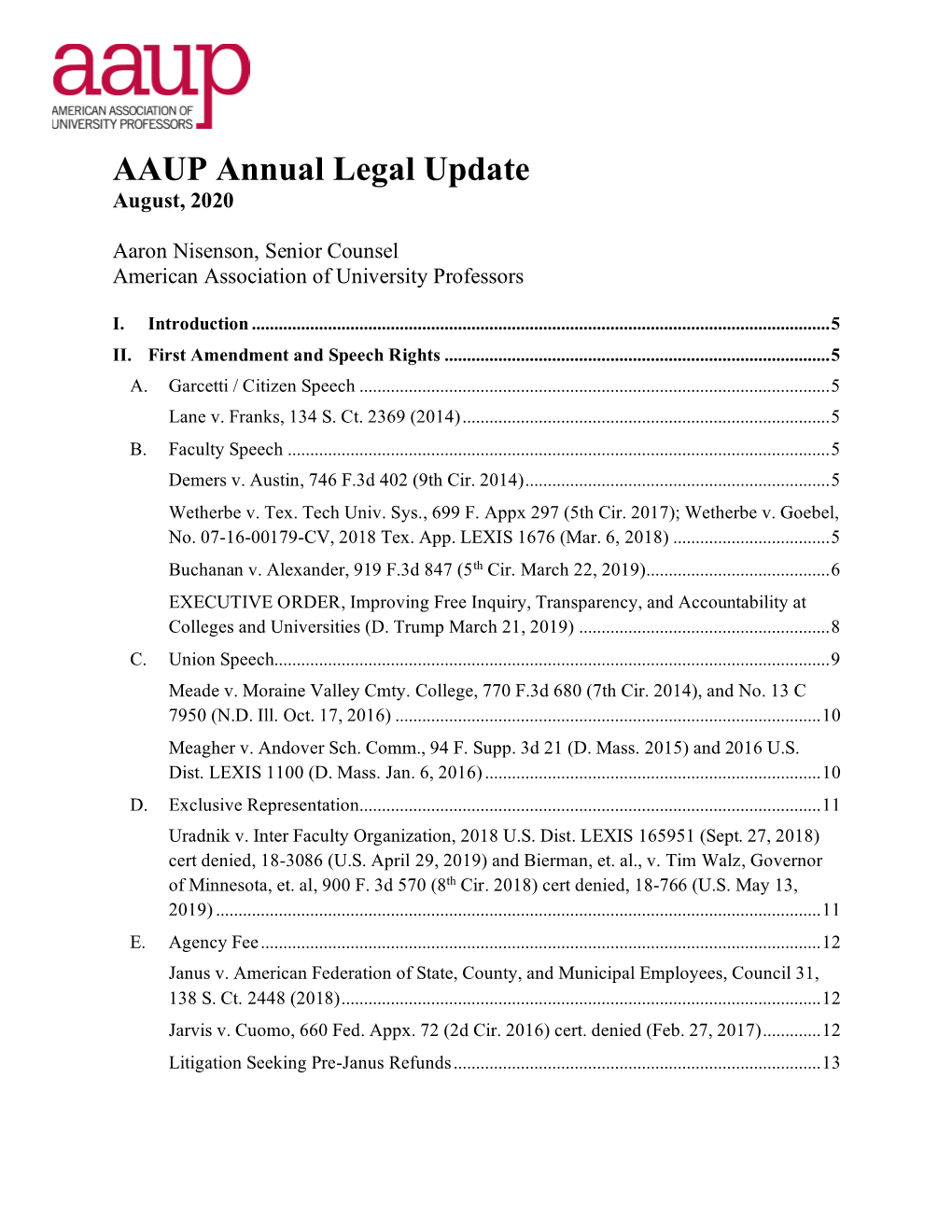 AAUP Annual Legal Update August, 2020
