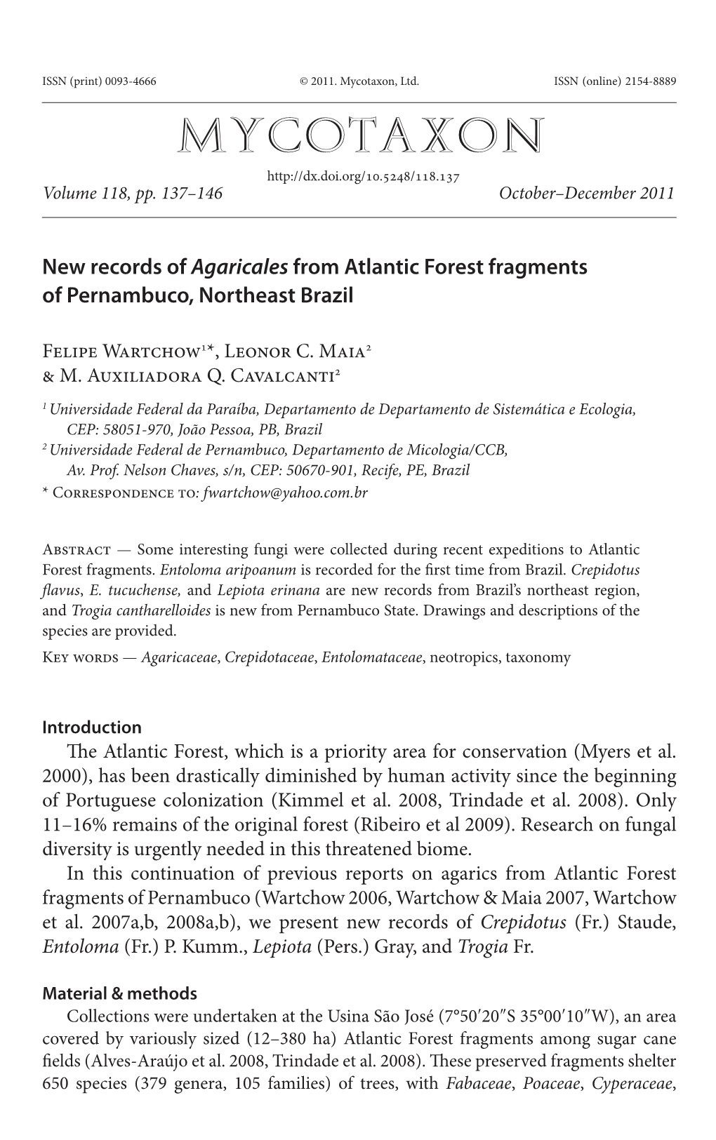 <I>Agaricales</I> from Atlantic Forest Fragments of Pernambuco, Northeast Brazil