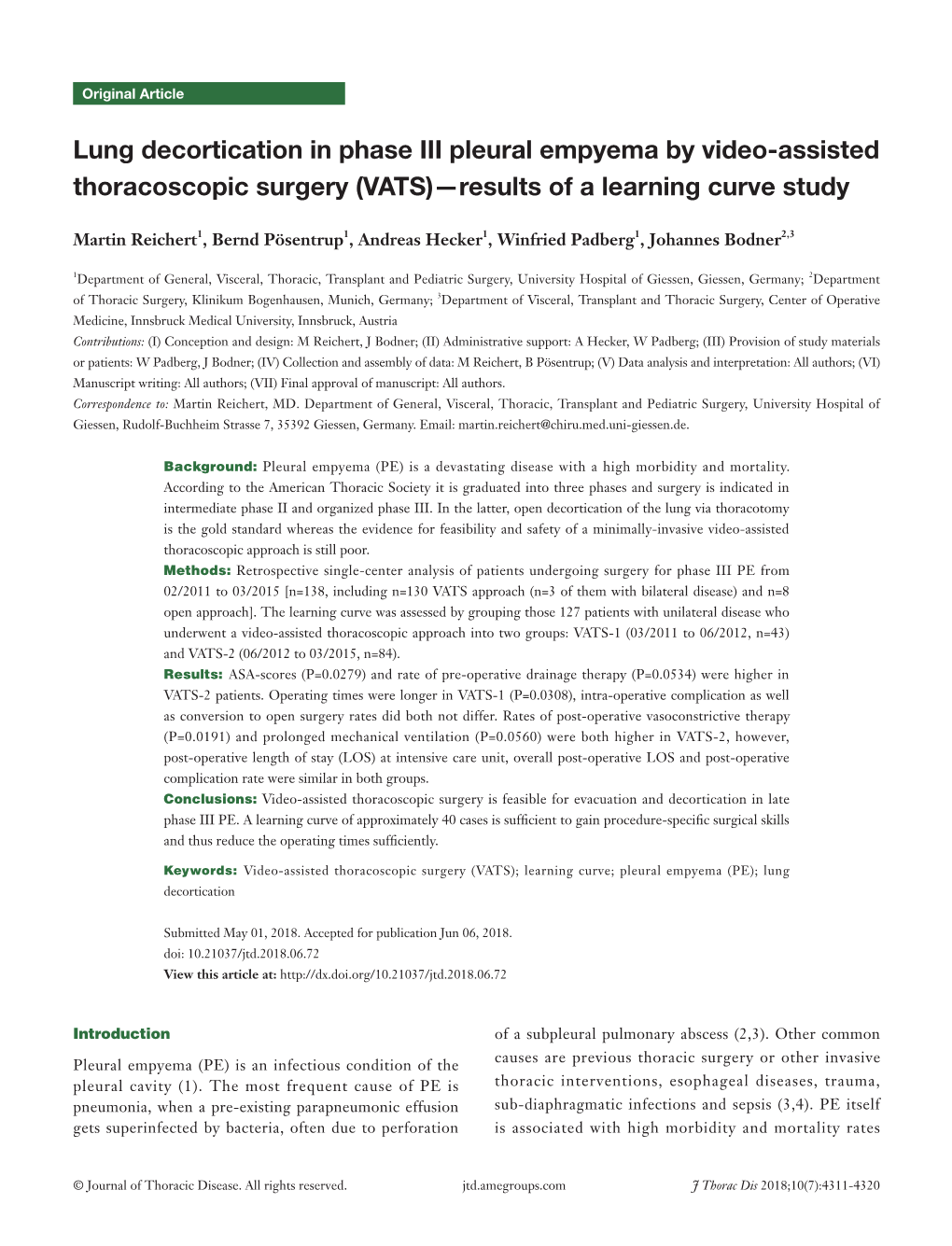 Lung Decortication in Phase III Pleural Empyema by Video-Assisted Thoracoscopic Surgery (VATS)—Results of a Learning Curve Study