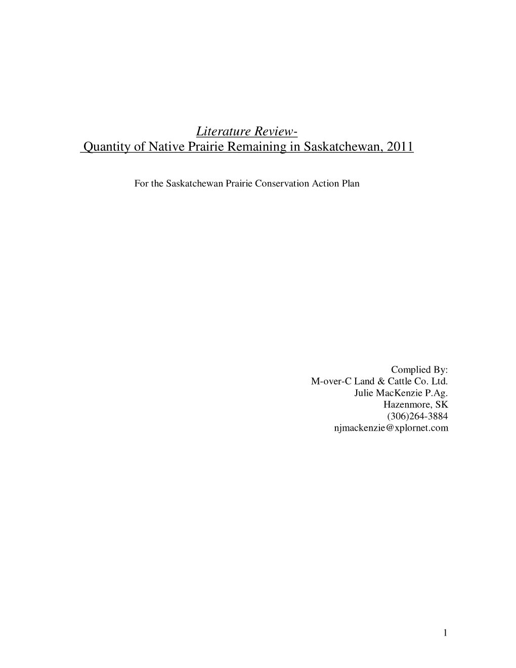 Literature Review- Quantity of Native Prairie Remaining in Saskatchewan, 2011