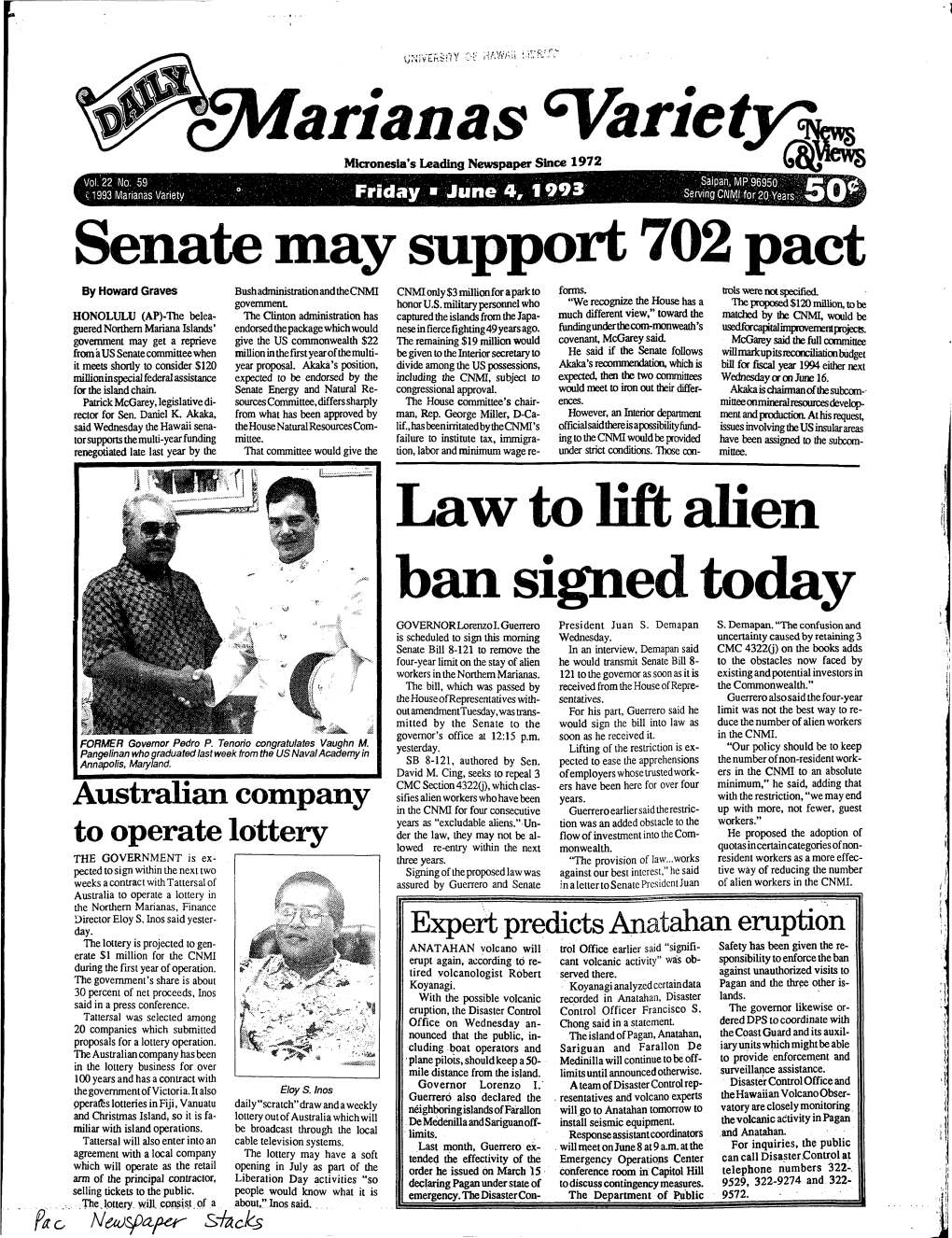 Senate May Support 7 Pact Law to Lift Alien Ban Signed Today