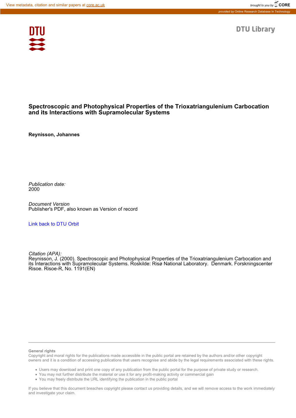 Spectroscopic and Photophysical Properties of the Trioxatriangulenium Carbocation and Its Interactions with Supramolecular Systems