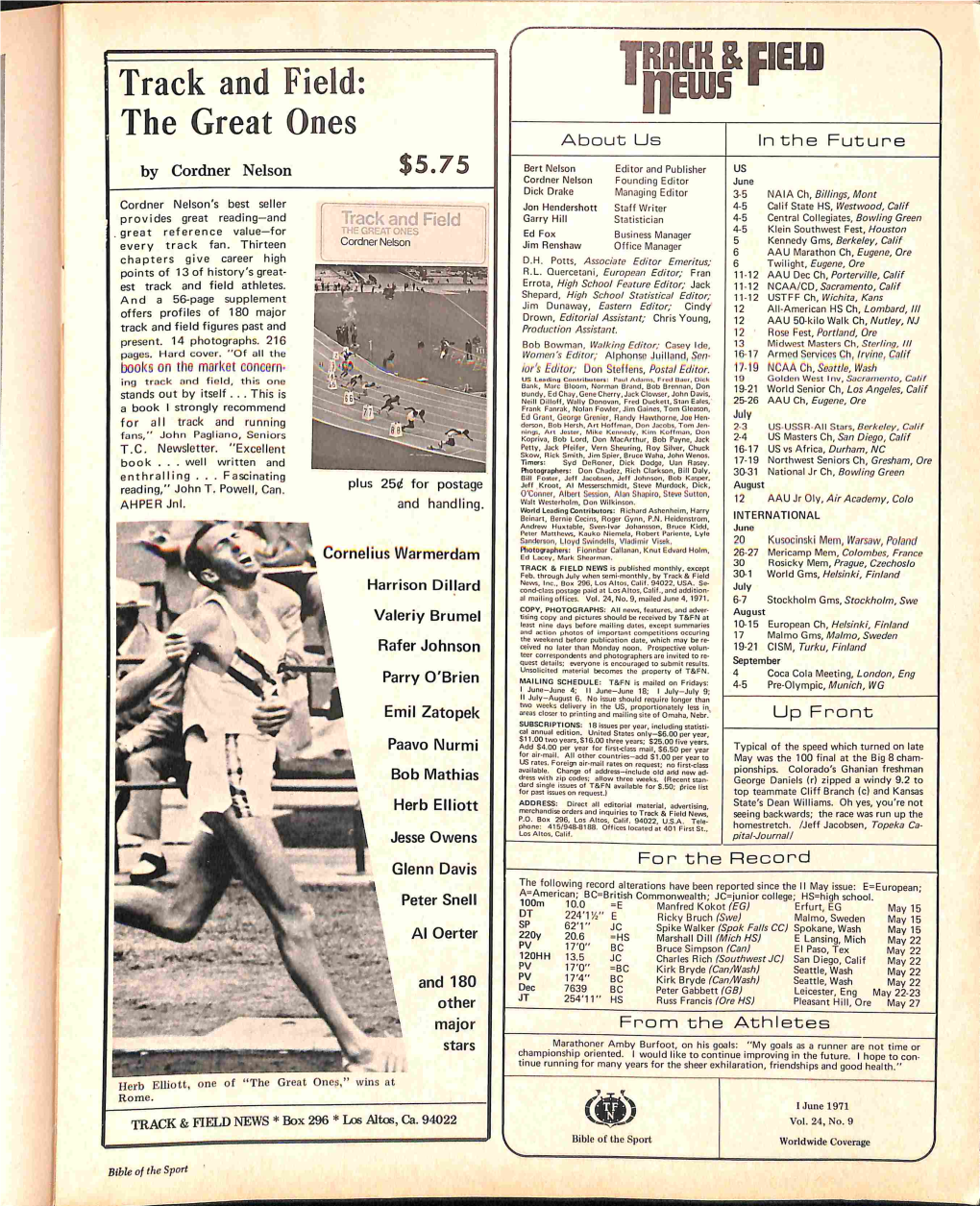 Track & Field News June 1971 Table of Contents