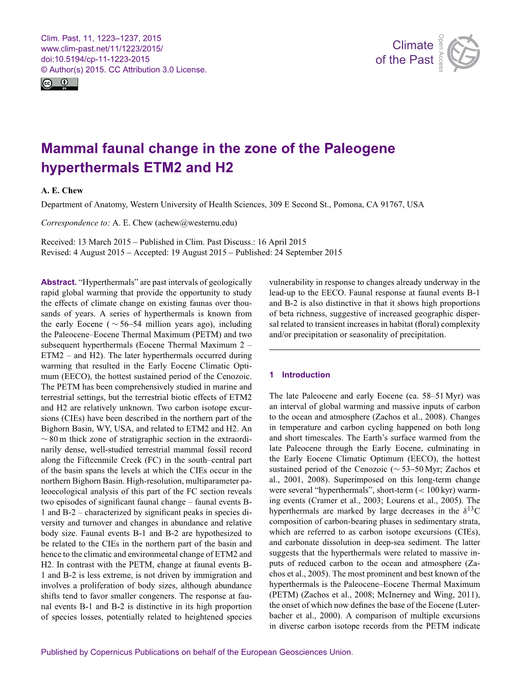 Mammal Faunal Change in the Zone of the Paleogene Hyperthermals ETM2 and H2