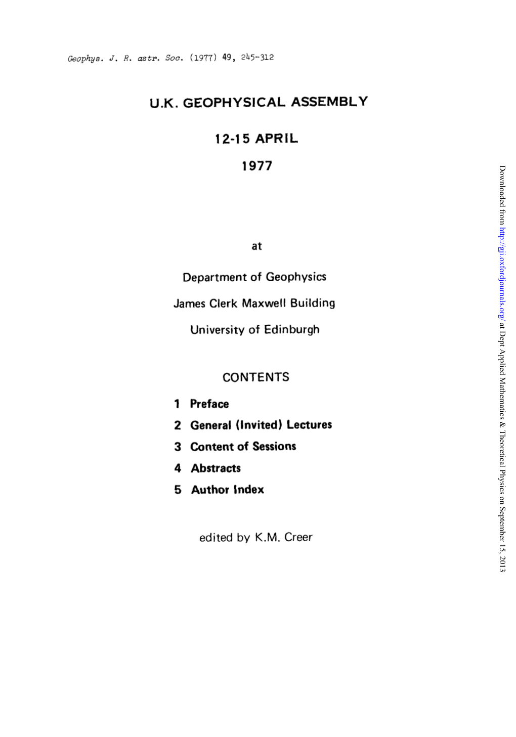 U. K. Geophysical Assembly 12–15 April 1977