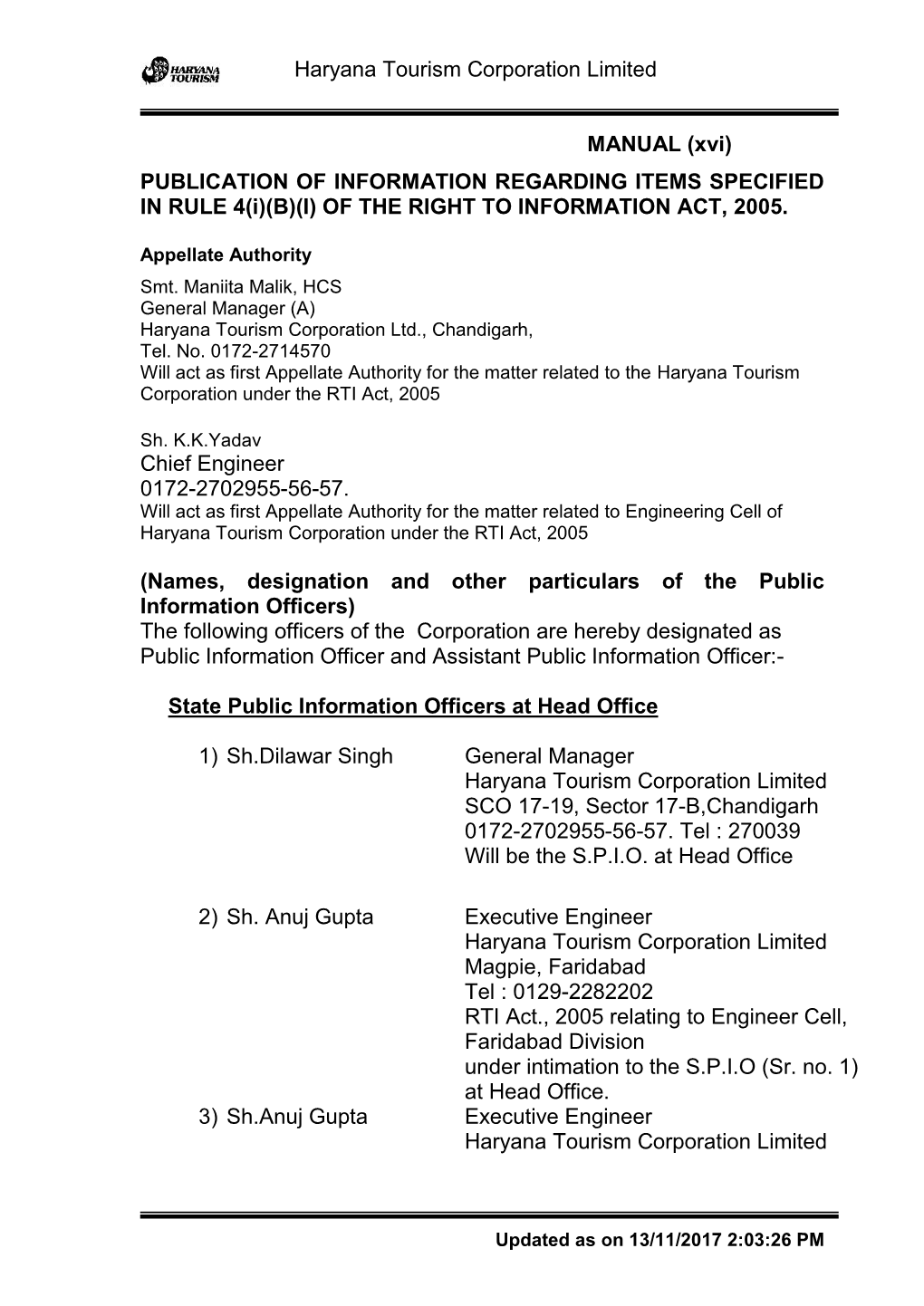 Haryana Tourism Corporation Limited MANUAL (Xvi) PUBLICATION OF