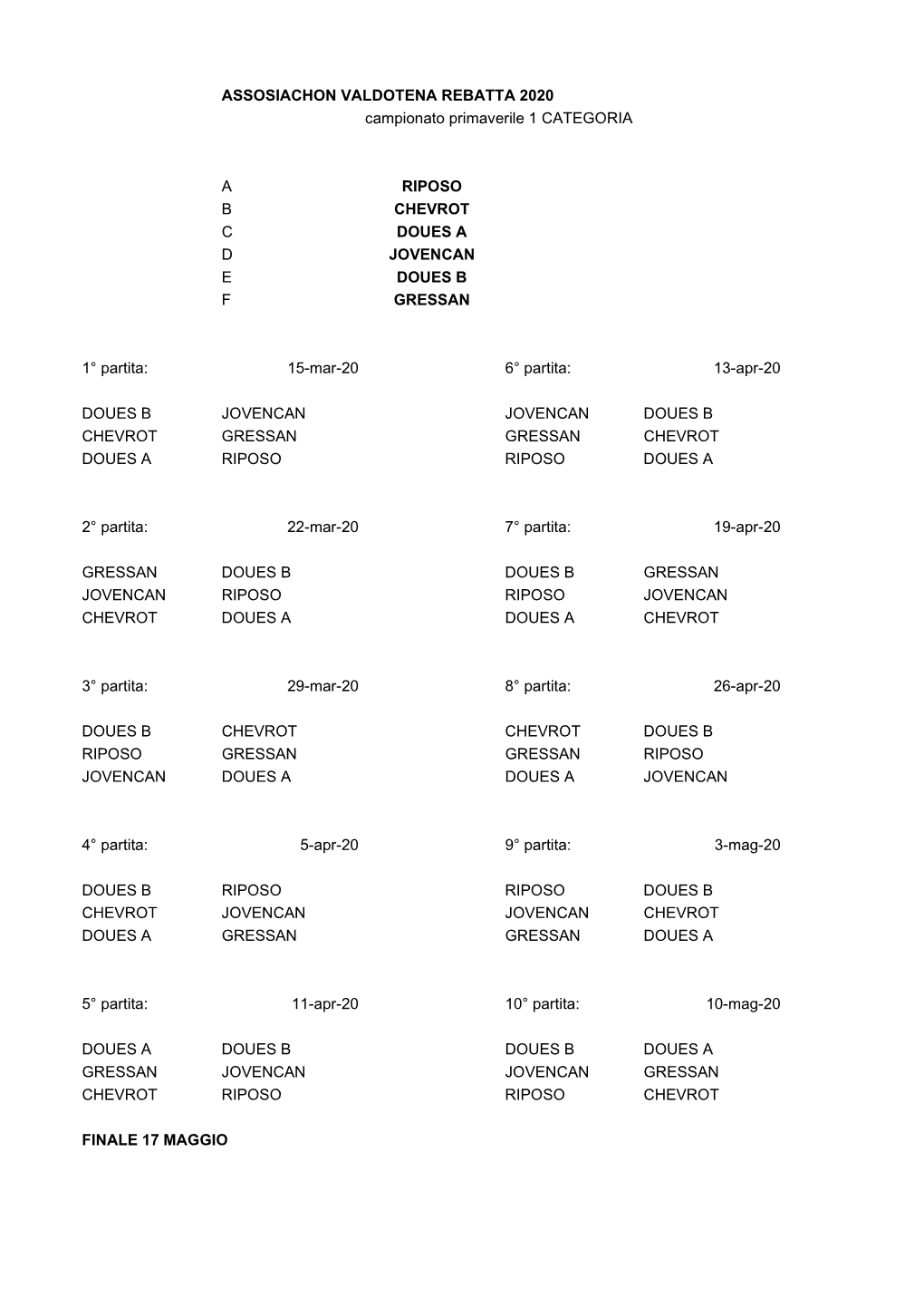 CALENDARIO CAMPIONATO PRIMAVERILE REBATTA 2020.Pdf