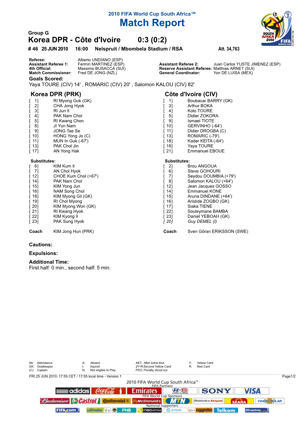 Korea DPR - Côte D'ivoire 0:3 (0:2) # 46 25 JUN 2010 16:00 Nelspruit / Mbombela Stadium / RSA Att