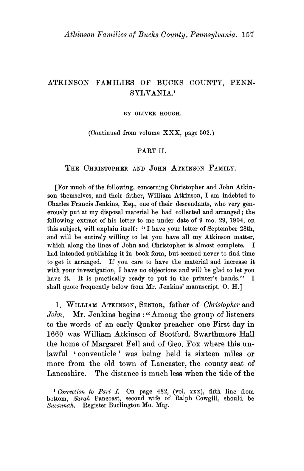 Atkinson Families of Bucks County, Pennsylvania. 157 ATKINSON