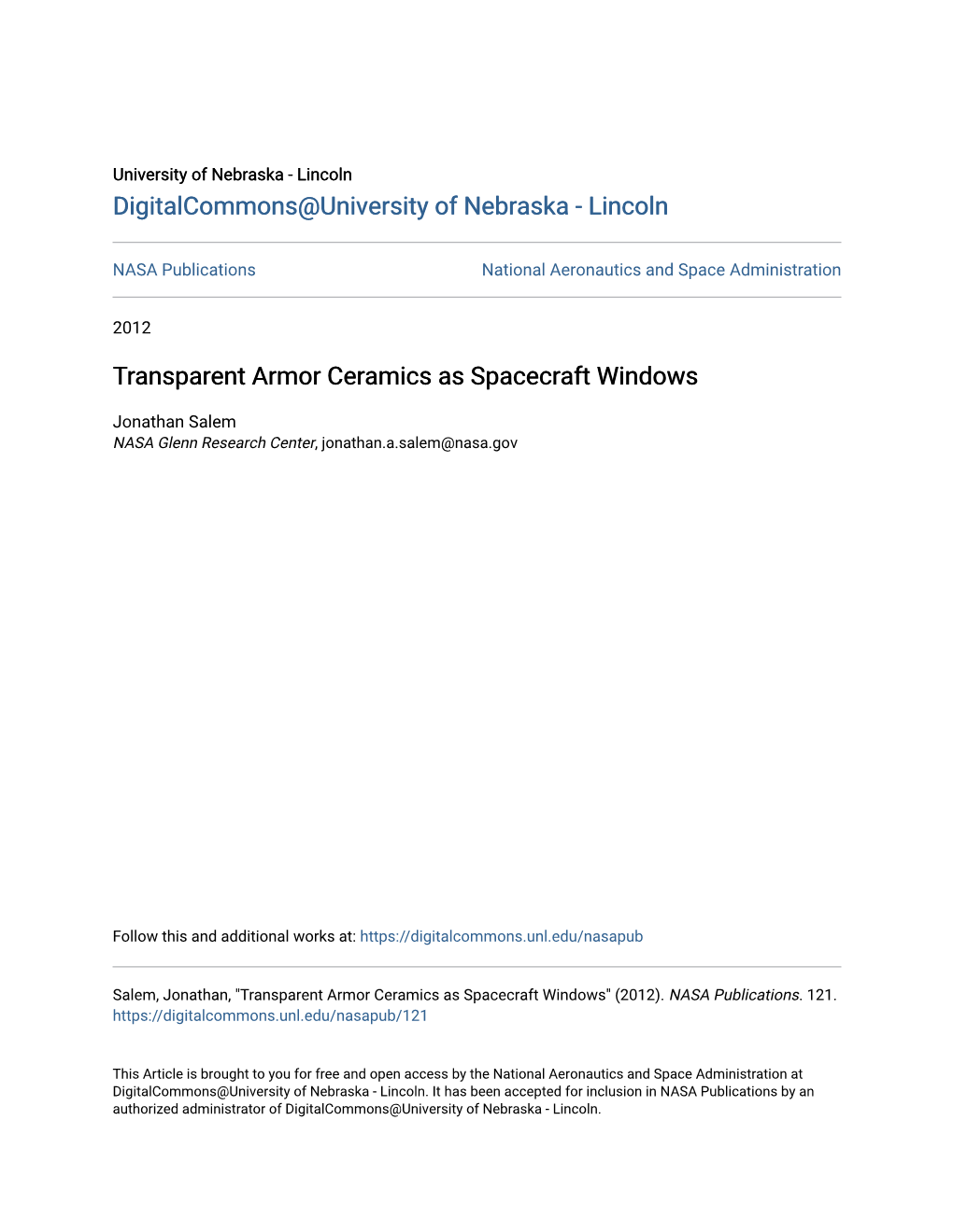 Transparent Armor Ceramics As Spacecraft Windows