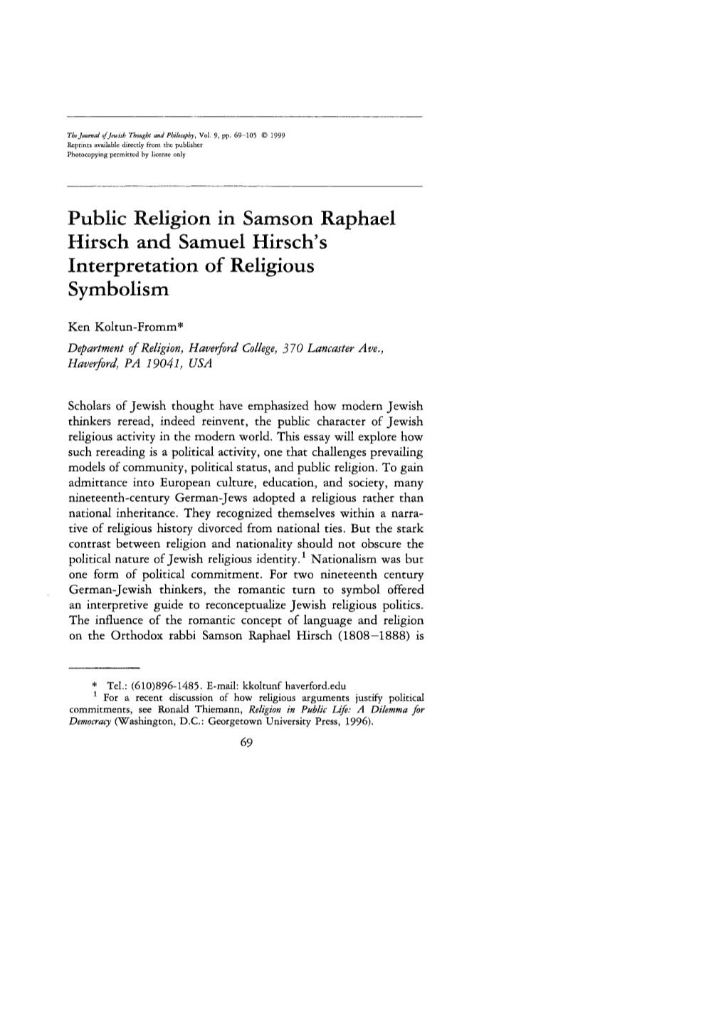Public Religion in Samson Raphael Hirsch and Samuel Hirsch's Interpretation of Religious Symbolism