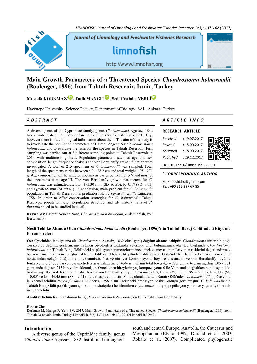 Growth Parameters of a Threatened Species Chondrostoma Holmwoodii (Boulenger, 1896) from Tahtalı Reservoir, İzmir, Turkey