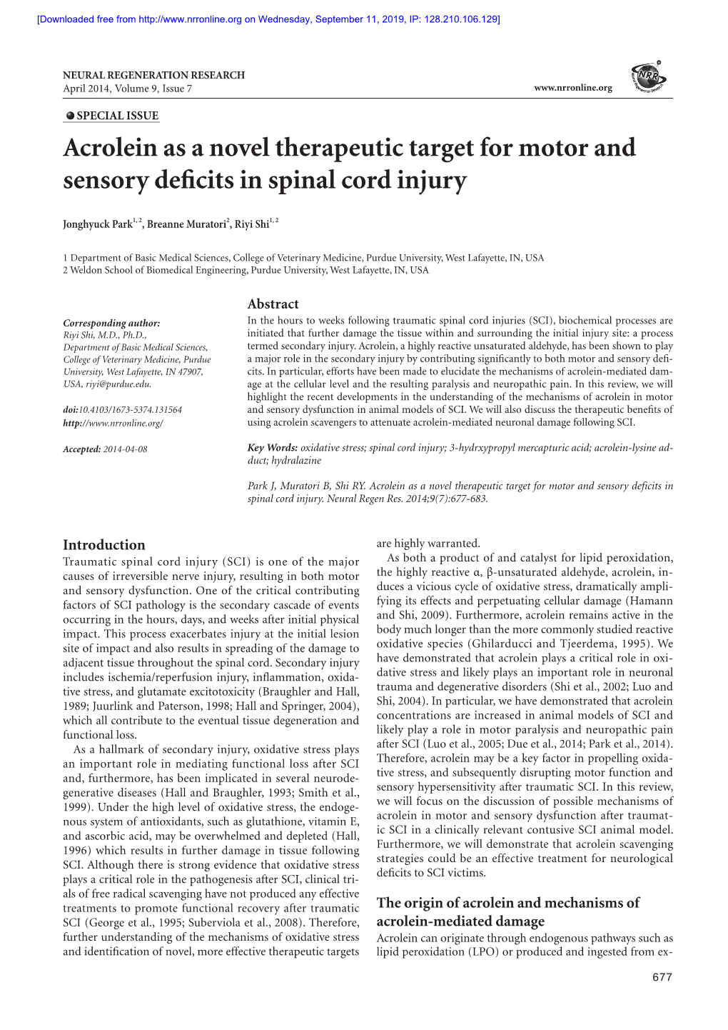 Acrolein As a Novel Therapeutic Target for Motor and Sensory Deficits in Spinal Cord Injury