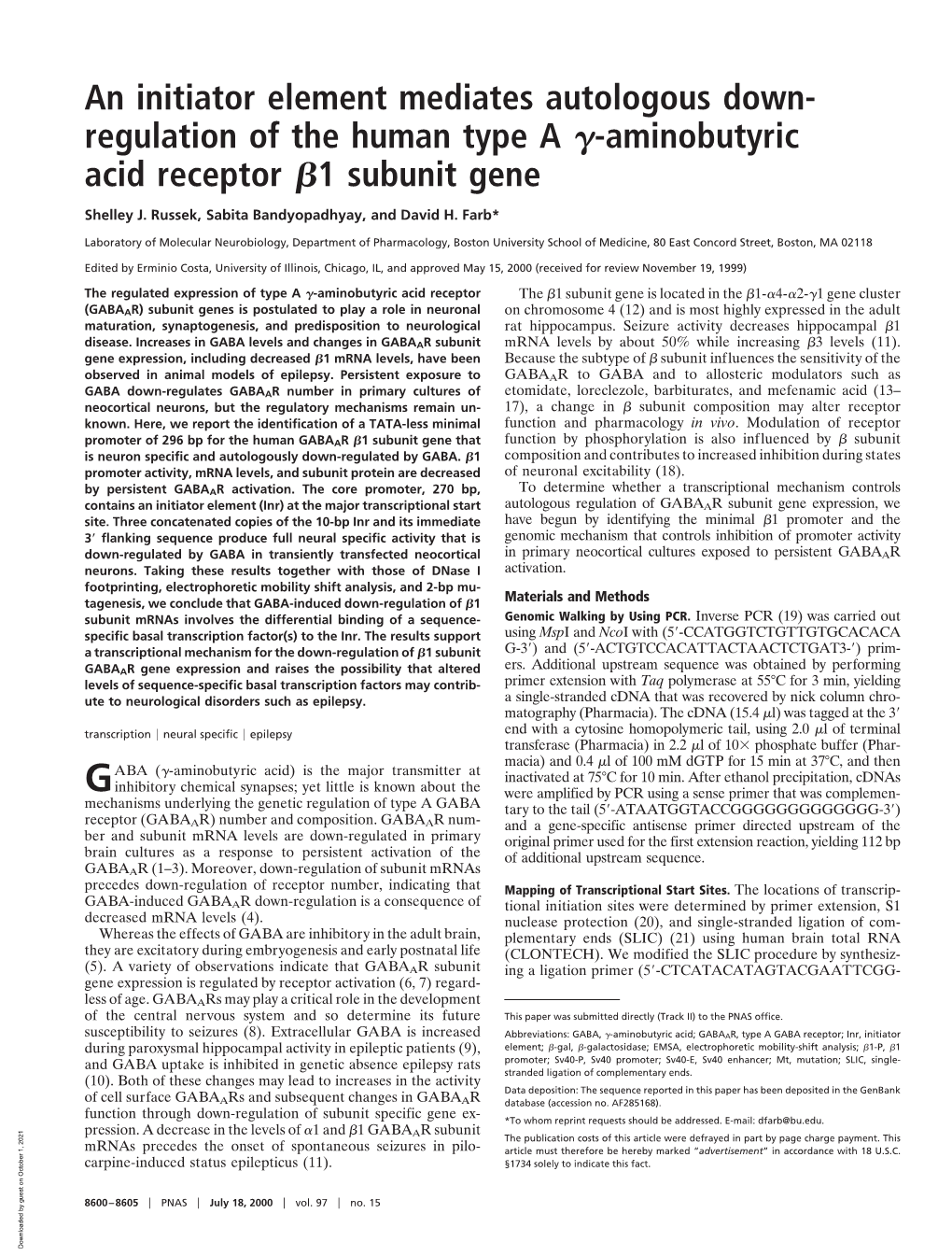 An Initiator Element Mediates Autologous Down- Regulation of the Human Type a ␥-Aminobutyric Acid Receptor ␤1 Subunit Gene
