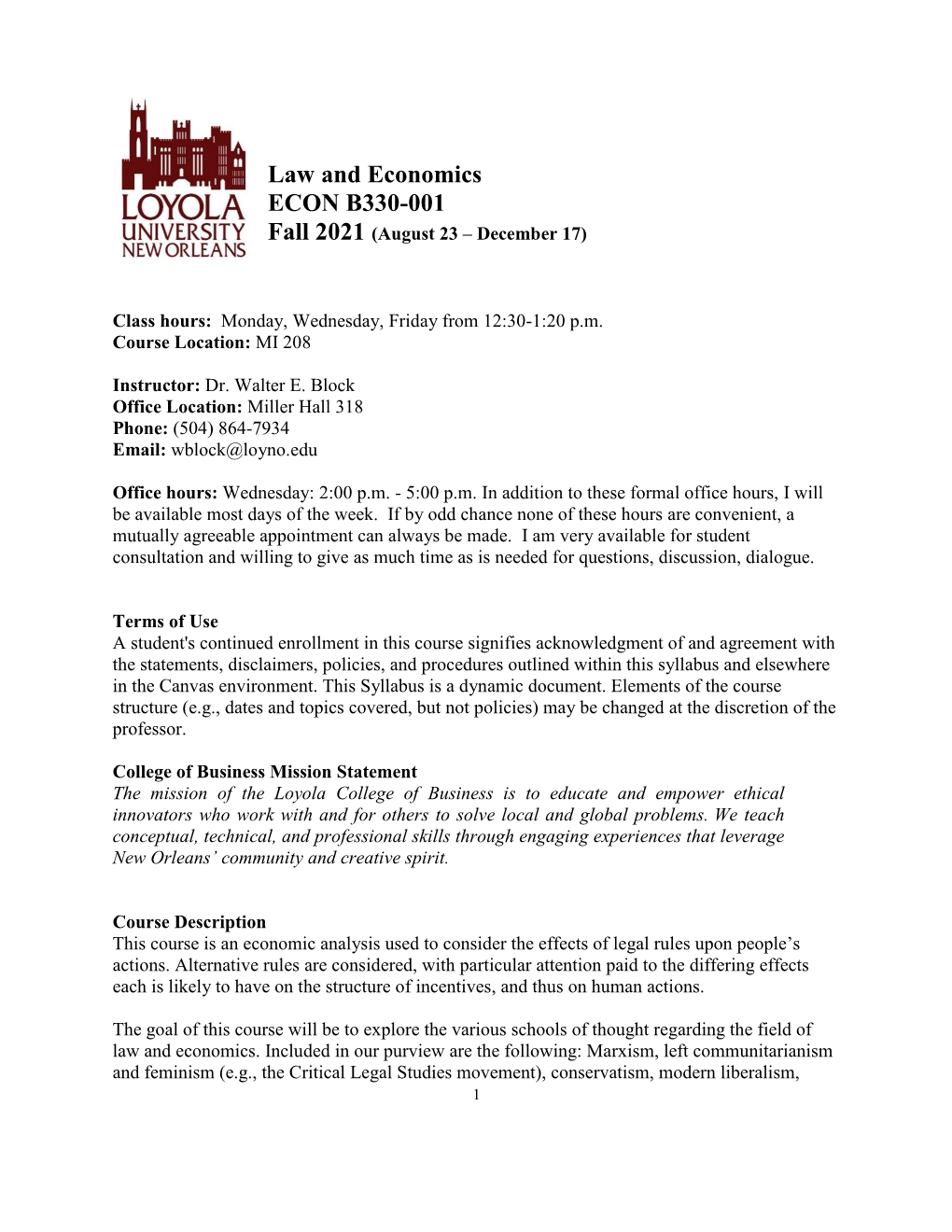 Law and Economics ECON B330-001 Fall 2021 (August 23 – December 17)