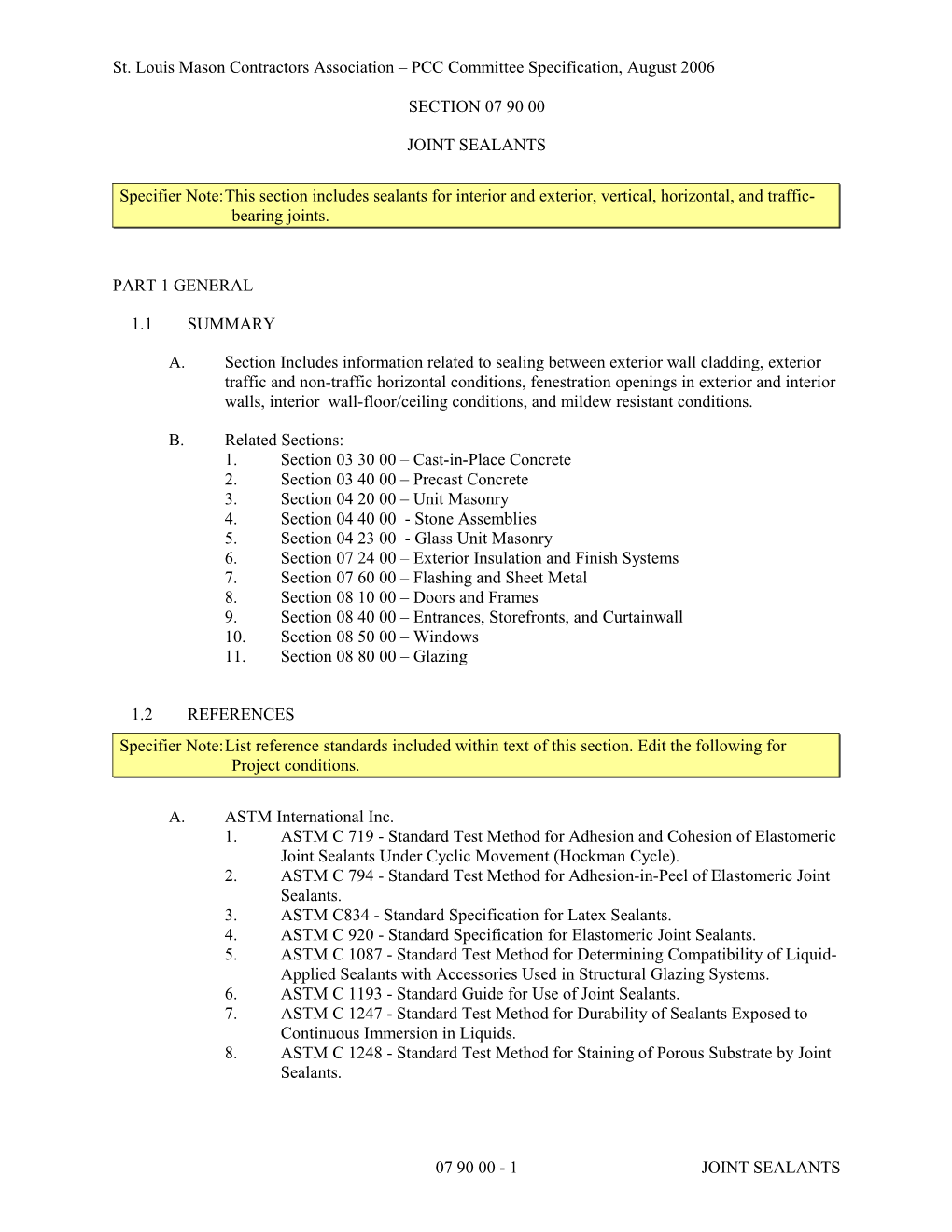 St. Louis Mason Contractors Association PCC Committee Specification, August 2006