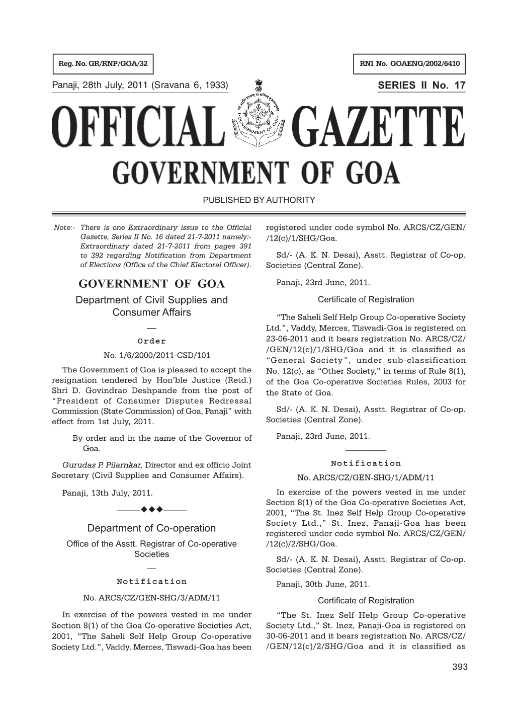 GOVERNMENT of GOA Panaji, 23Rd June, 2011