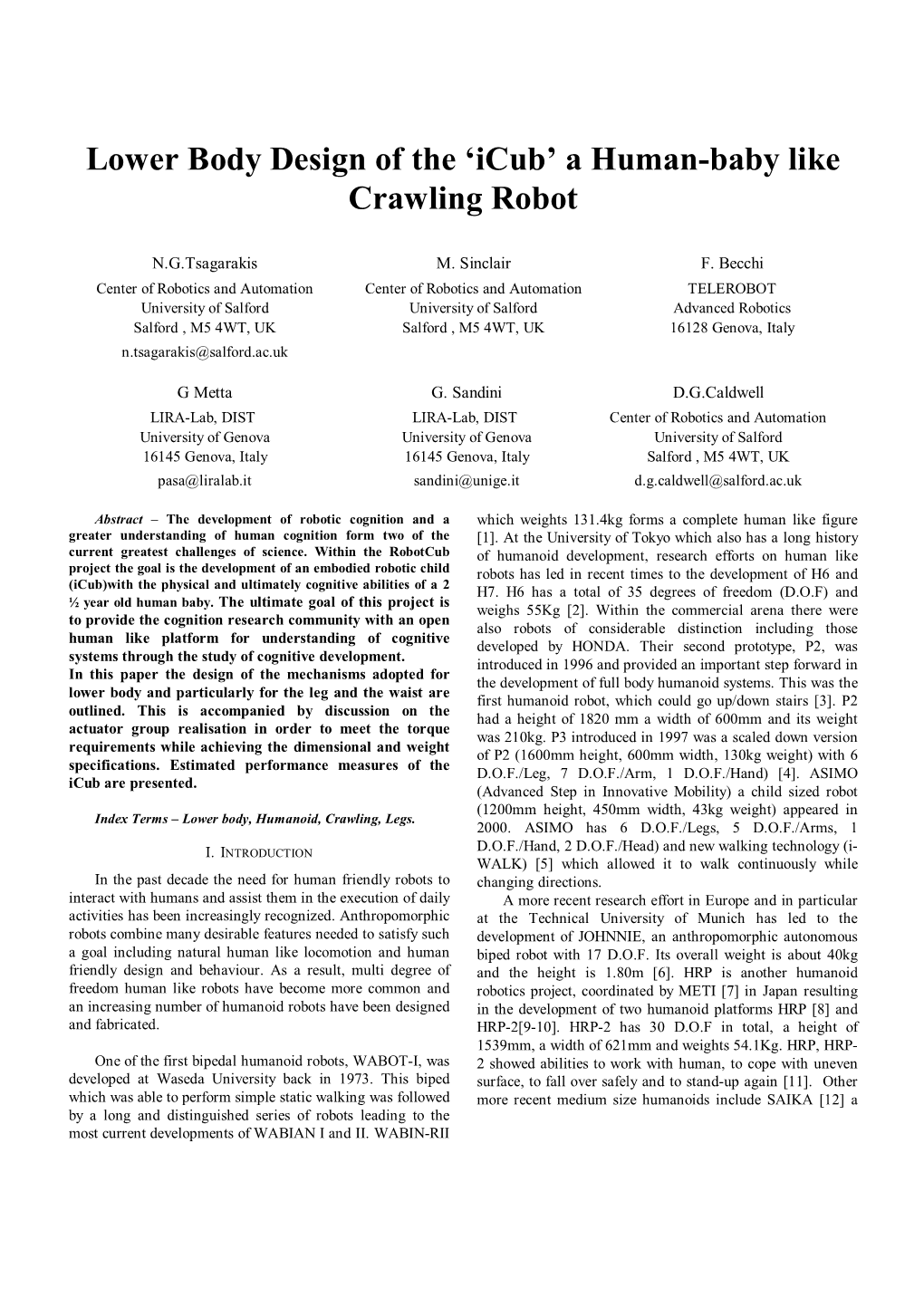 Lower Body Design of the 'Icub' a Human-Baby Like Crawling Robot