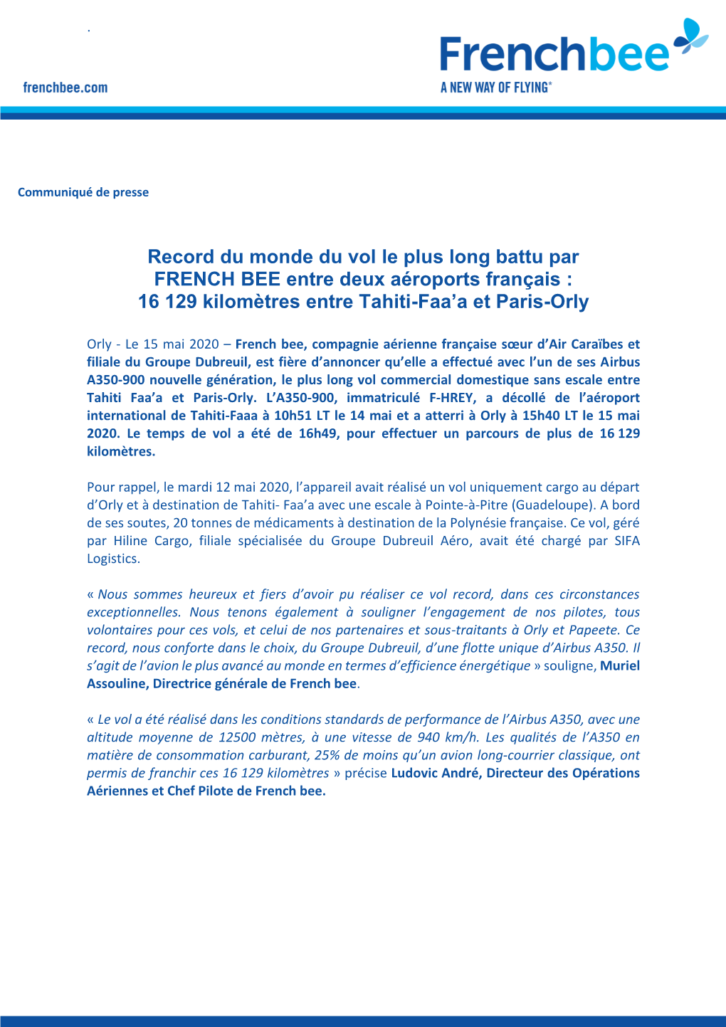 Record Du Monde Du Vol Le Plus Long Battu Par FRENCH BEE Entre Deux Aéroports Français : 16 129 Kilomètres Entre Tahiti-Faa’A Et Paris-Orly