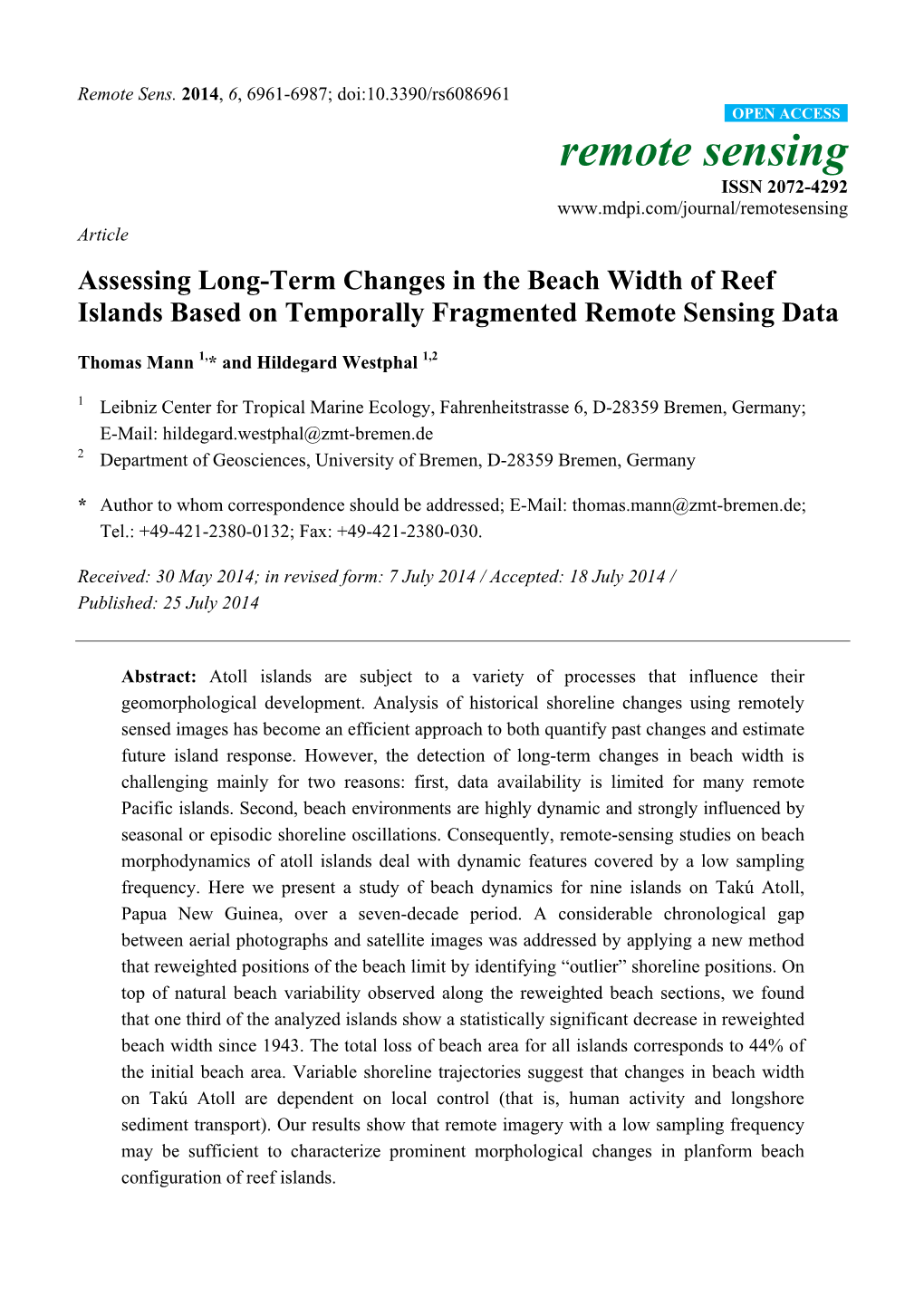 Assessing Long-Term Changes in the Beach Width of Reef Islands Based on Temporally Fragmented Remote Sensing Data