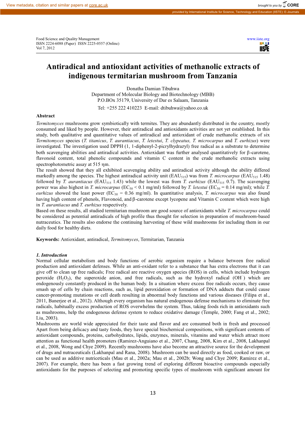 Antiradical and Antioxidant Activities of Methanolic Extracts of Indigenous Termitarian Mushroom from Tanzania