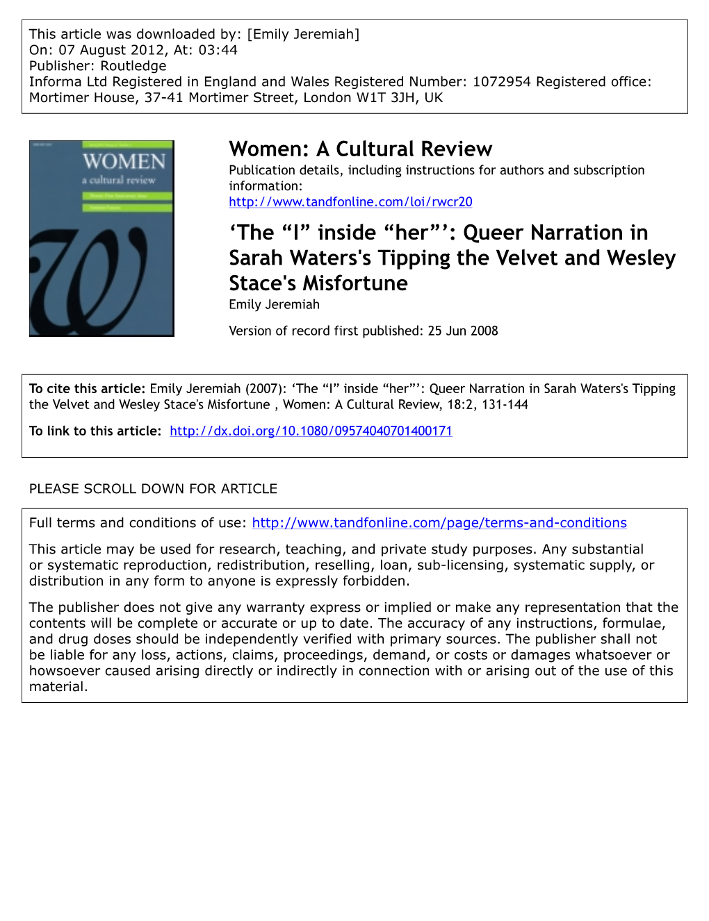 'The “I” Inside “Her”': Queer Narration in Sarah Waters's Tipping the Velvet and Wesley Stace's Misfortune