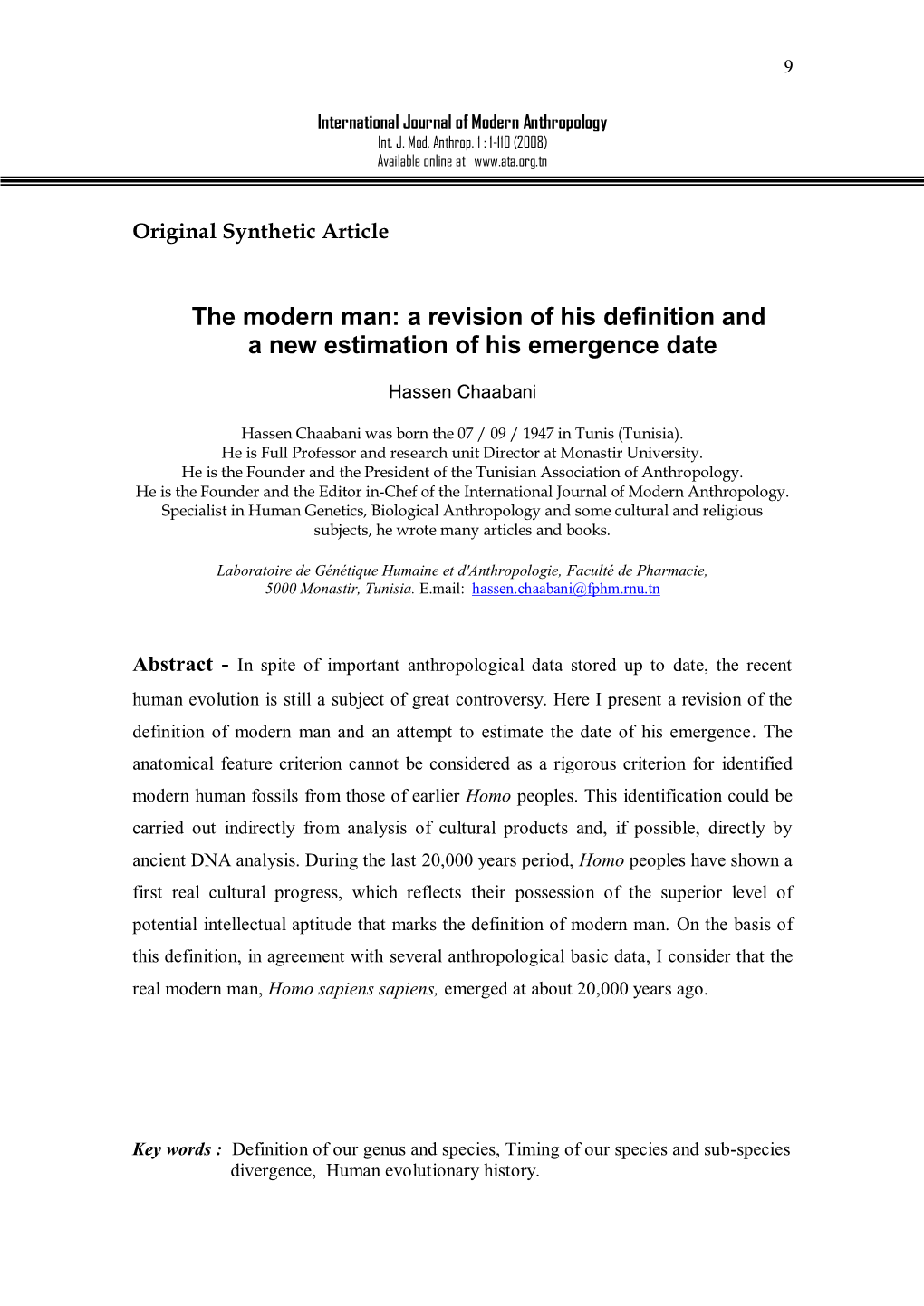 The Modern Man: a Revision of His Definition and a New Estimation of His Emergence Date