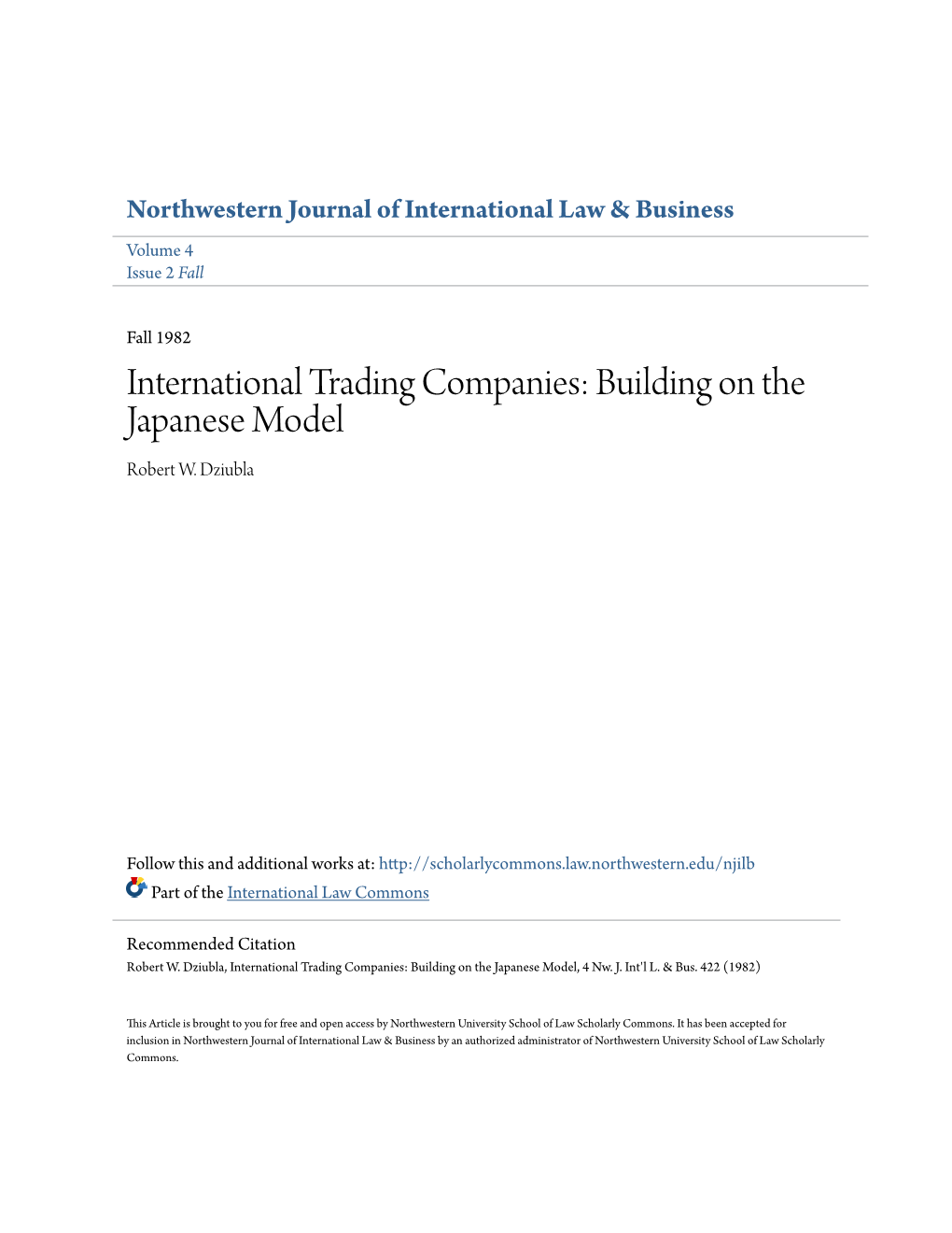 International Trading Companies: Building on the Japanese Model Robert W