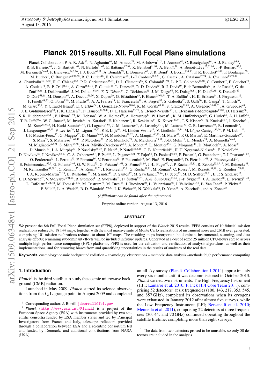 Planck 2015 Results. XII. Full Focal Plane Simulations Planck Collaboration: P