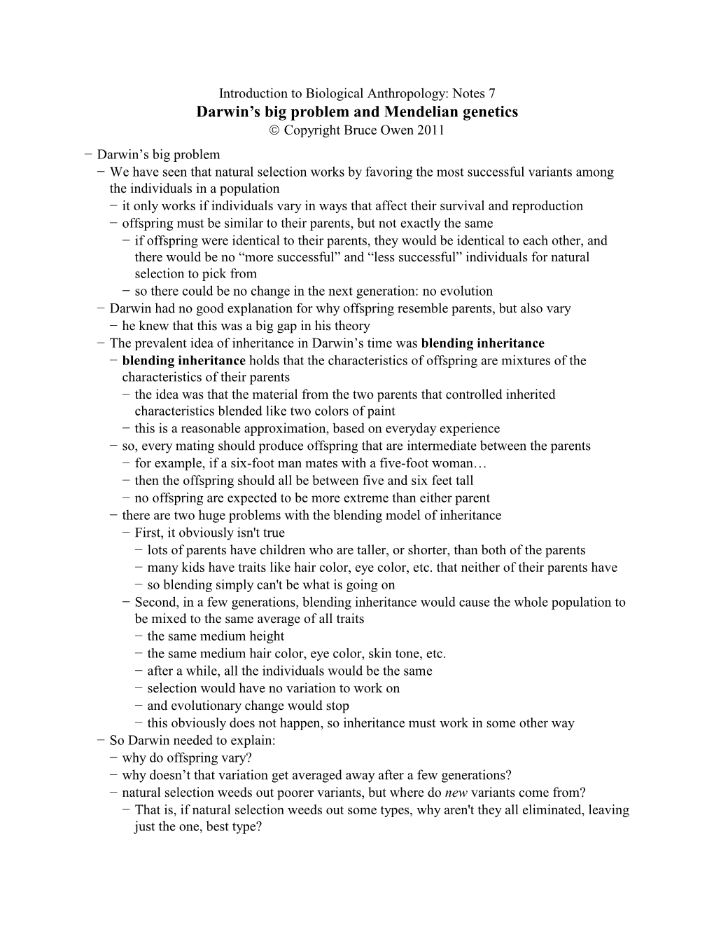 Darwin's Big Problem and Mendelian Genetics