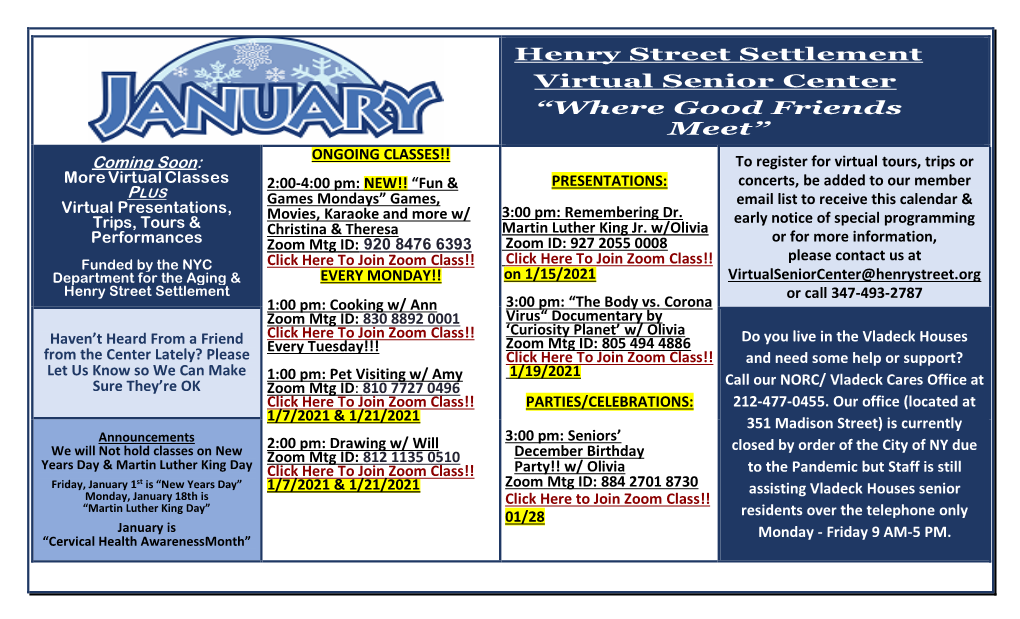 Henry Street Settlement Virtual Senior Center “Where Good Friends Meet”