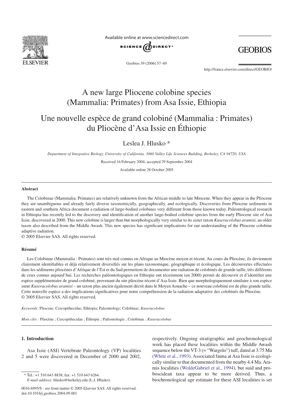 A New Large Pliocene Colobine Species (Mammalia: Primates)