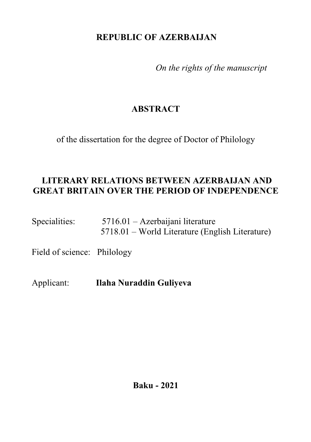 REPUBLIC of AZERBAIJAN on the Rights of the Manuscript ABSTRACT