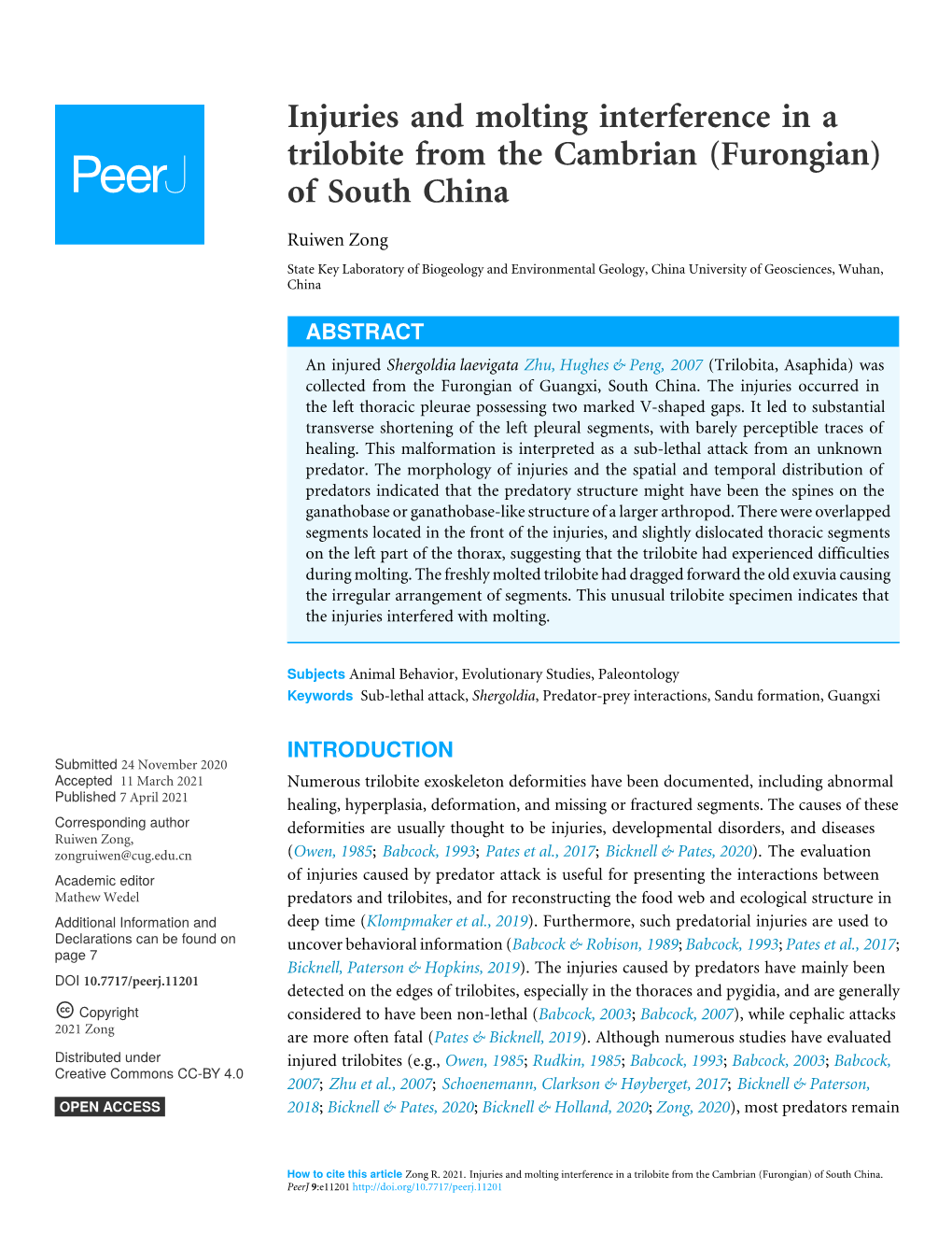 Injuries and Molting Interference in a Trilobite from the Cambrian (Furongian) of South China