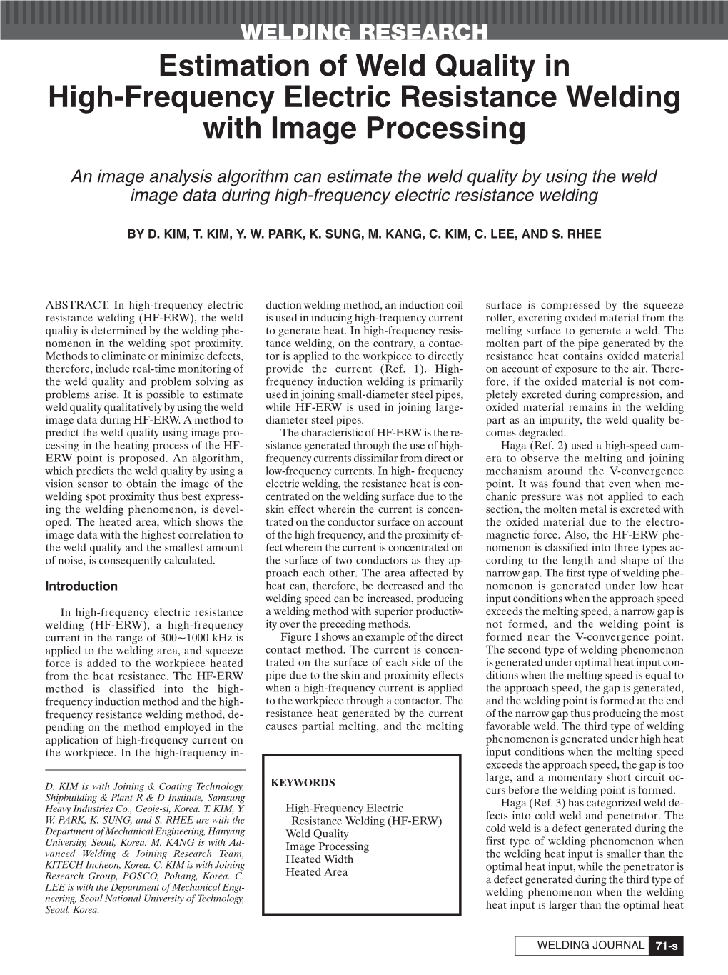 Estimation of Weld Quality in High-Frequency Electric Resistance Welding with Image Processing