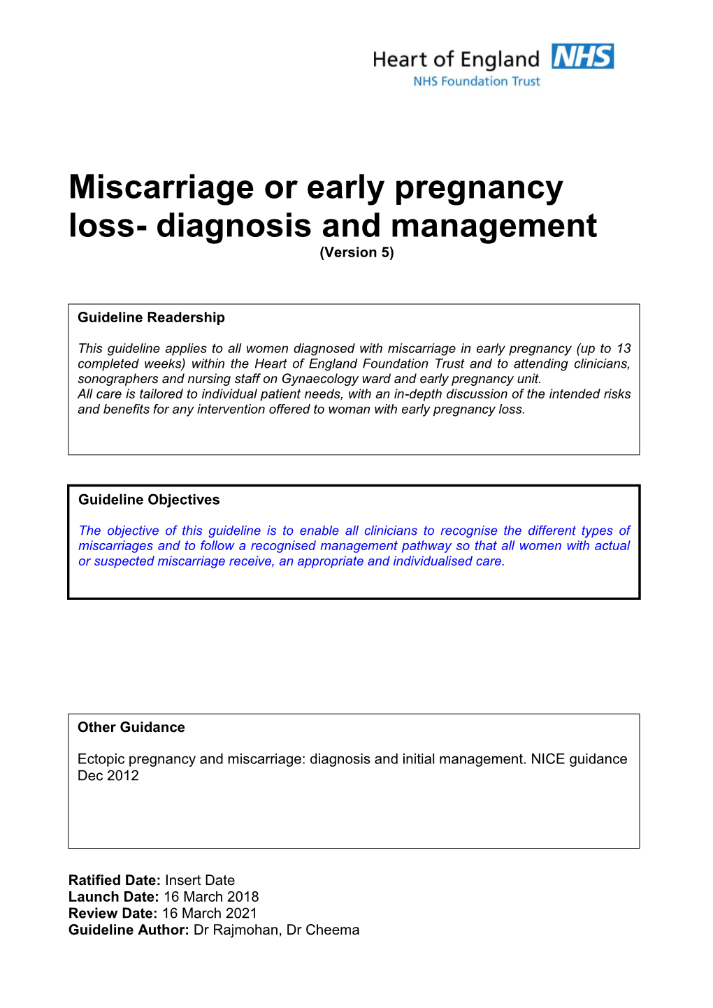 Miscarriage Or Early Pregnancy Loss- Diagnosis and Management (Version 5)