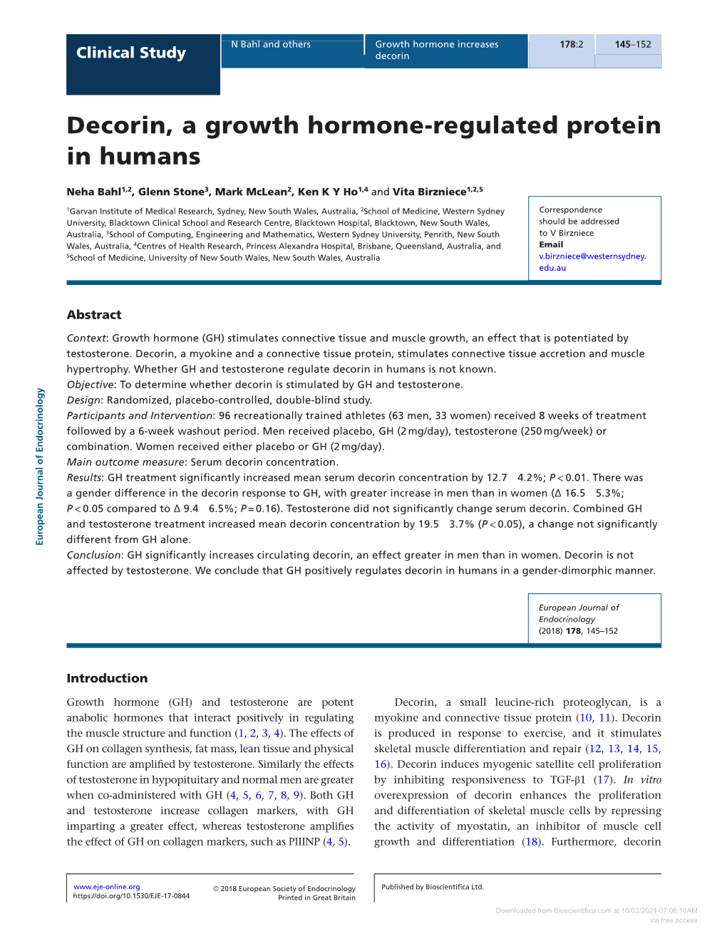 Decorin, a Growth Hormone-Regulated Protein in Humans
