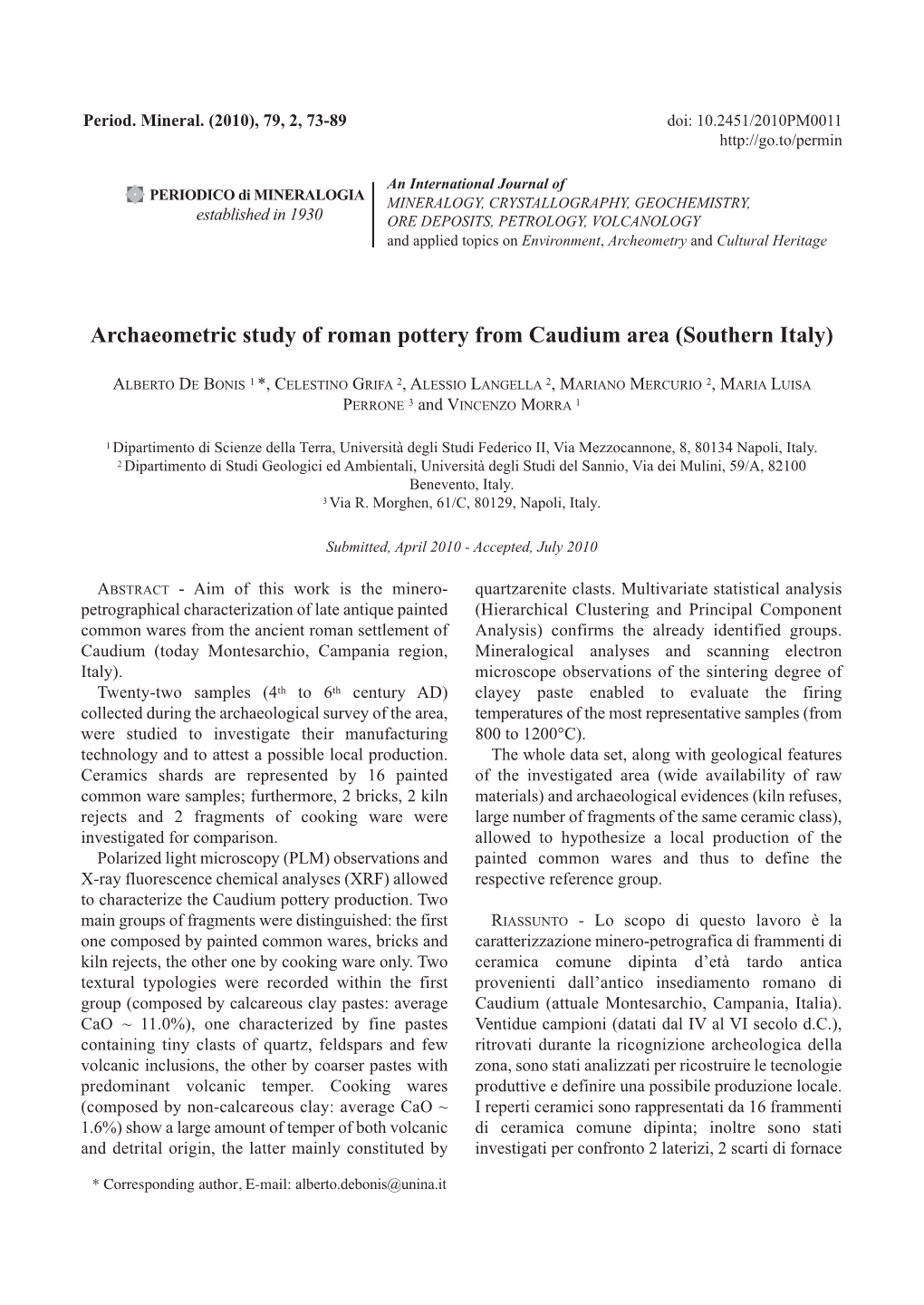 Archaeometric Study of Roman Pottery from Caudium Area (Southern Italy)