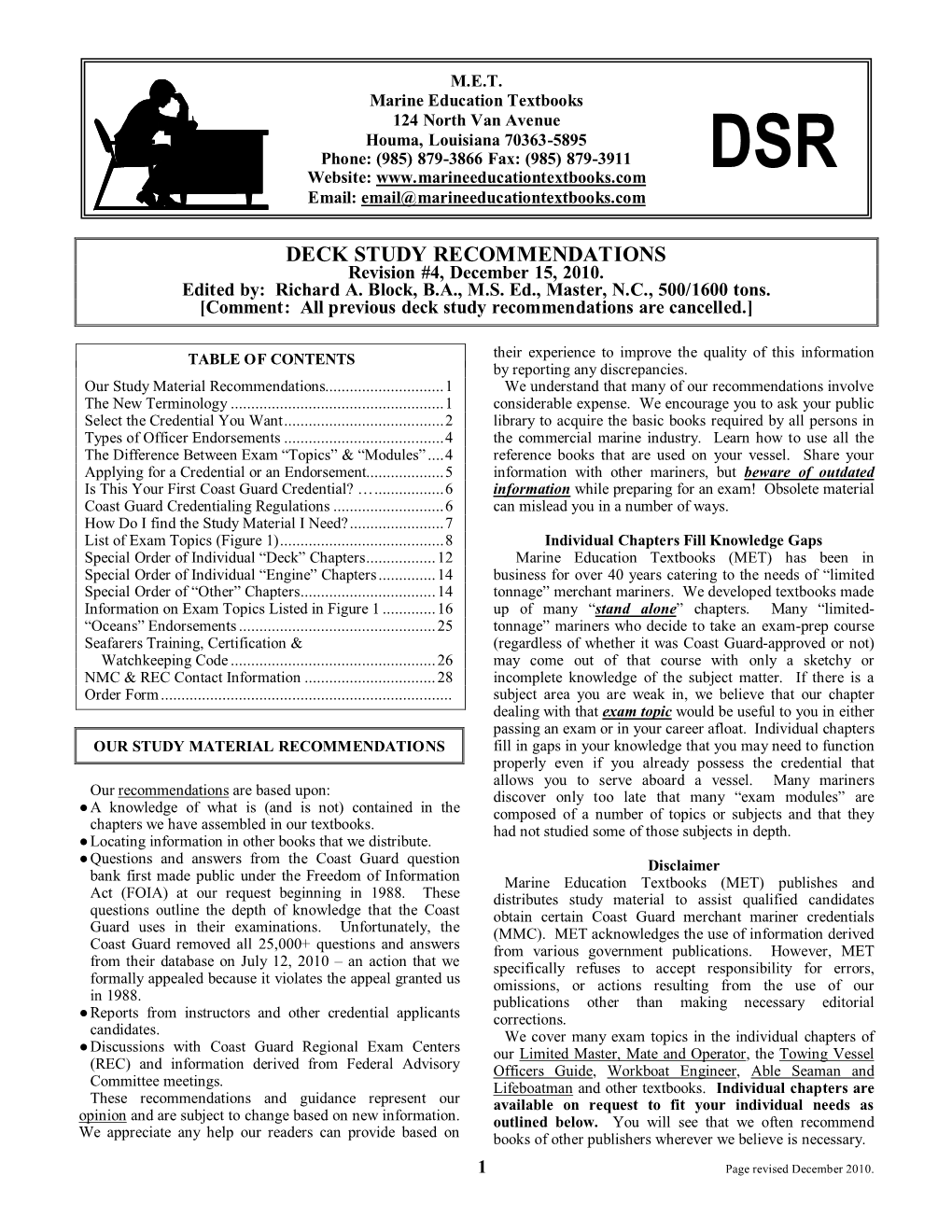 DECK STUDY RECOMMENDATIONS Revision #4, December 15, 2010