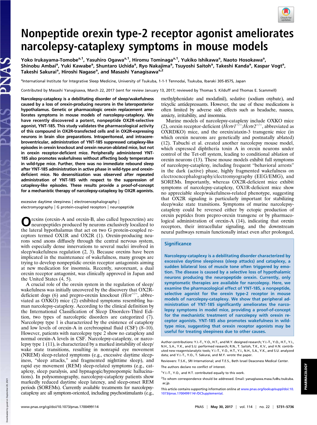 Nonpeptide Orexin Type-2 Receptor Agonist Ameliorates Narcolepsy-Cataplexy Symptoms in Mouse Models