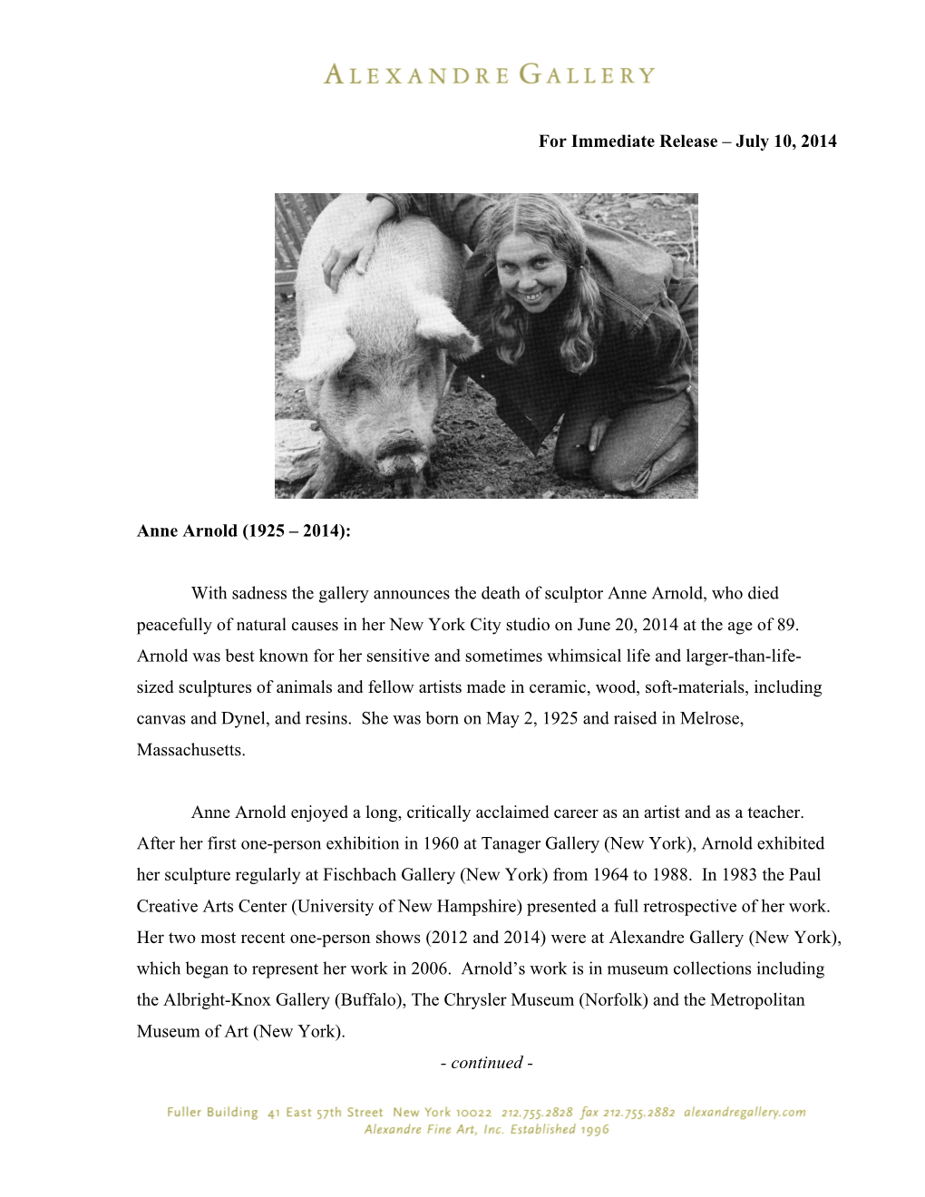 For Immediate Release – July 10, 2014 Anne Arnold