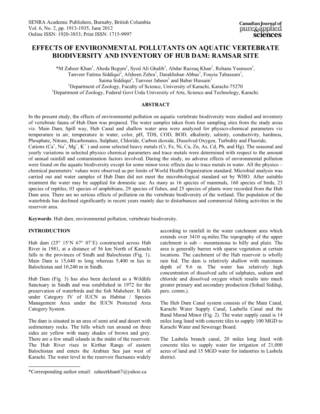 Effects of Environmental Pollutants on Aquatic Vertebrate Biodiversity and Inventory of Hub Dam: Ramsar Site