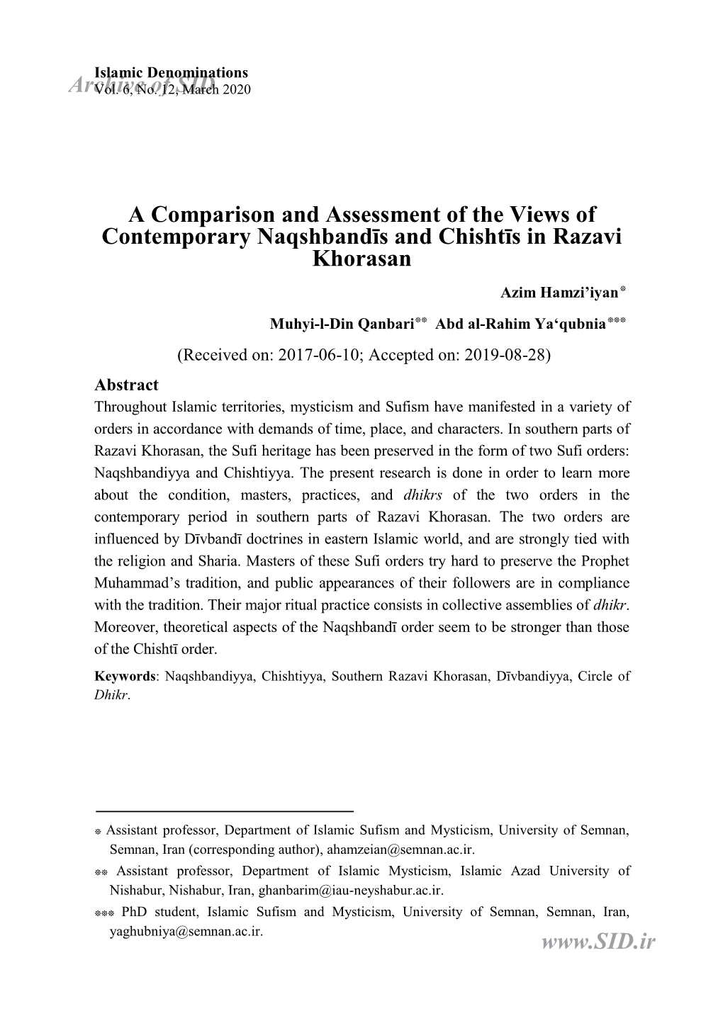 A Comparison and Assessment of the Views of Contemporary Naqshbandīs and Chishtīs in Razavi Khorasan