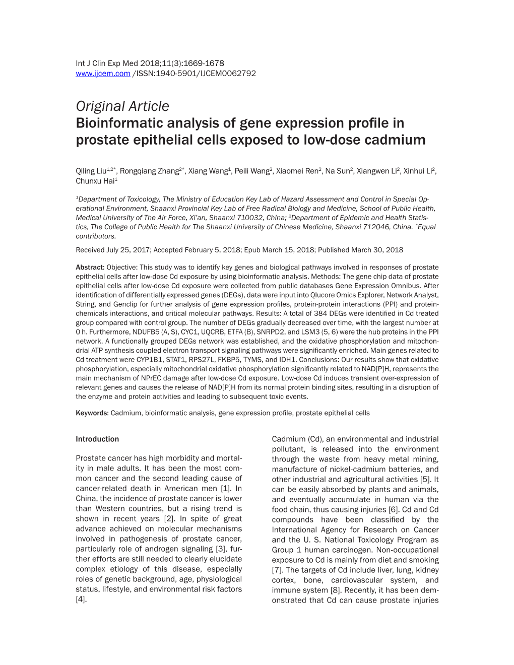 Original Article Bioinformatic Analysis of Gene Expression Profile in Prostate Epithelial Cells Exposed to Low-Dose Cadmium